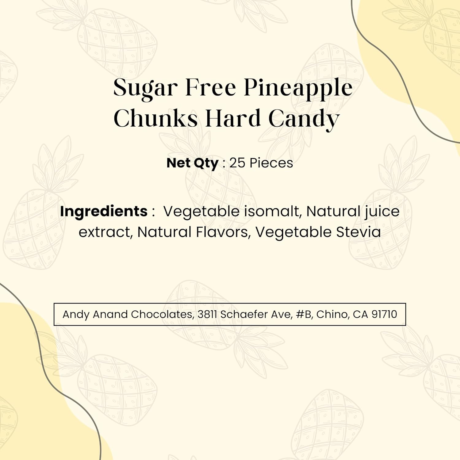 Andy Anand Sugar-Free Pineapple Chunks Hard Candy (25 pc) | European Imported, Sugar-Free & Keto | Local SoCal Bakery