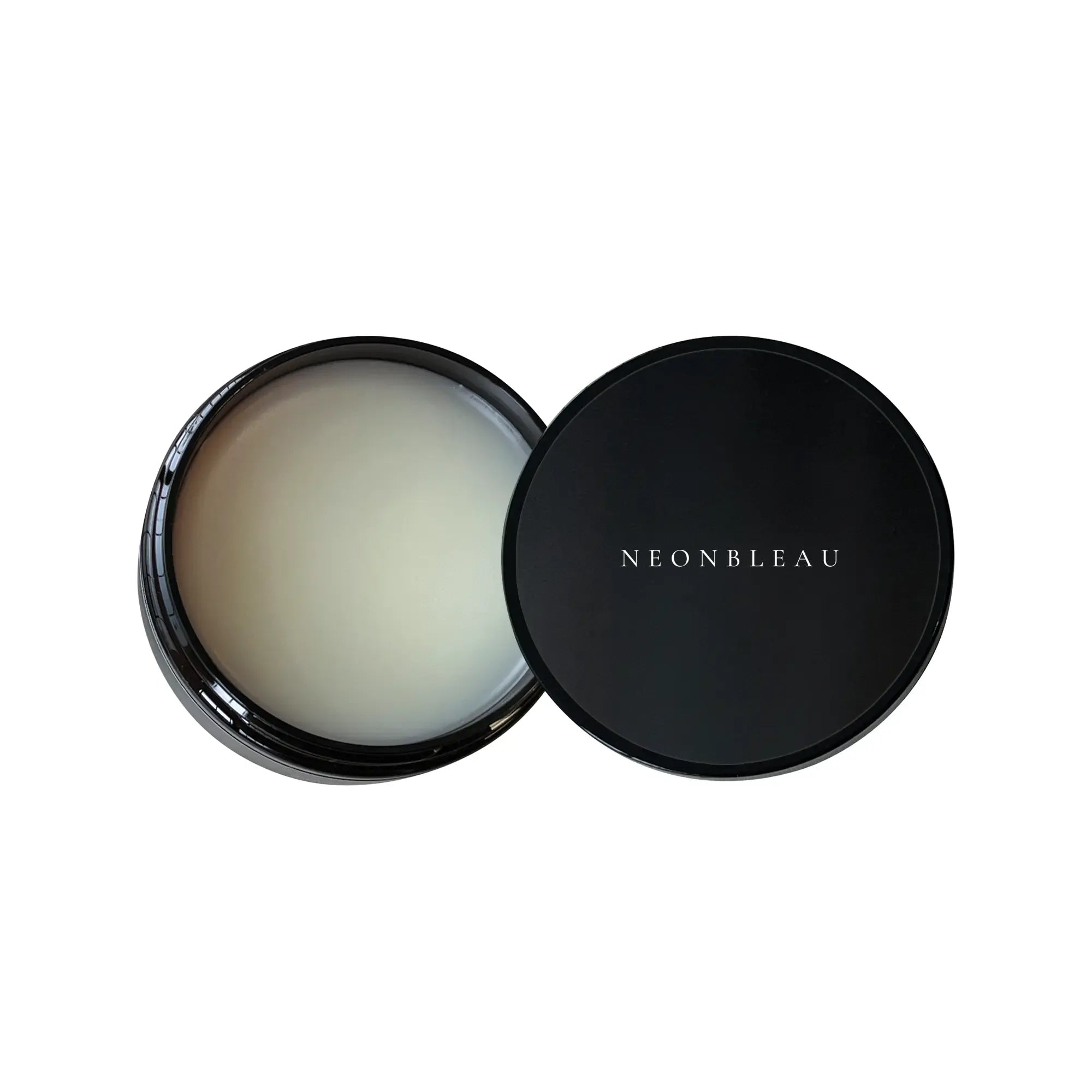Open black jar of styling wax with a black lid displaying "NEONBLEAU".