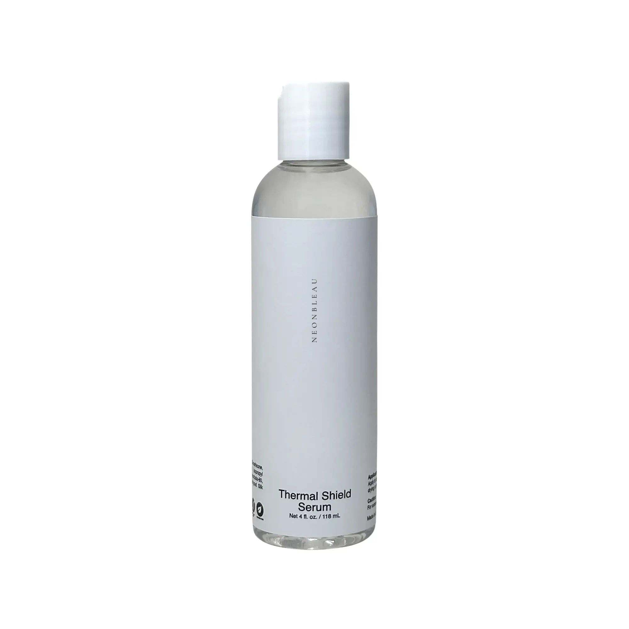 A clear bottle of Neonbleau Thermal Shield Serum with a white label and cap.