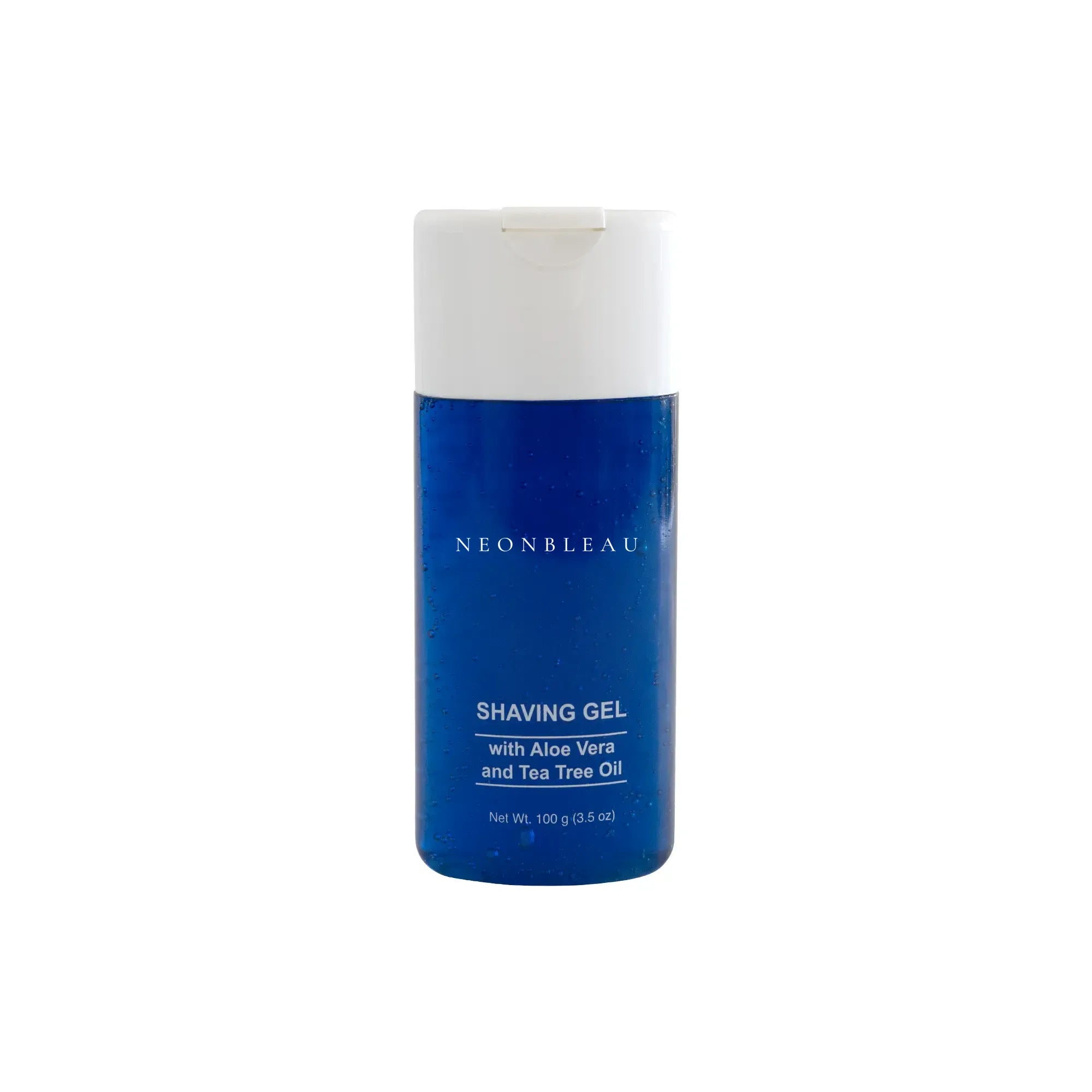 A blue bottle of NeonBleau Shaving Gel with Aloe Vera and Tea Tree Oil.