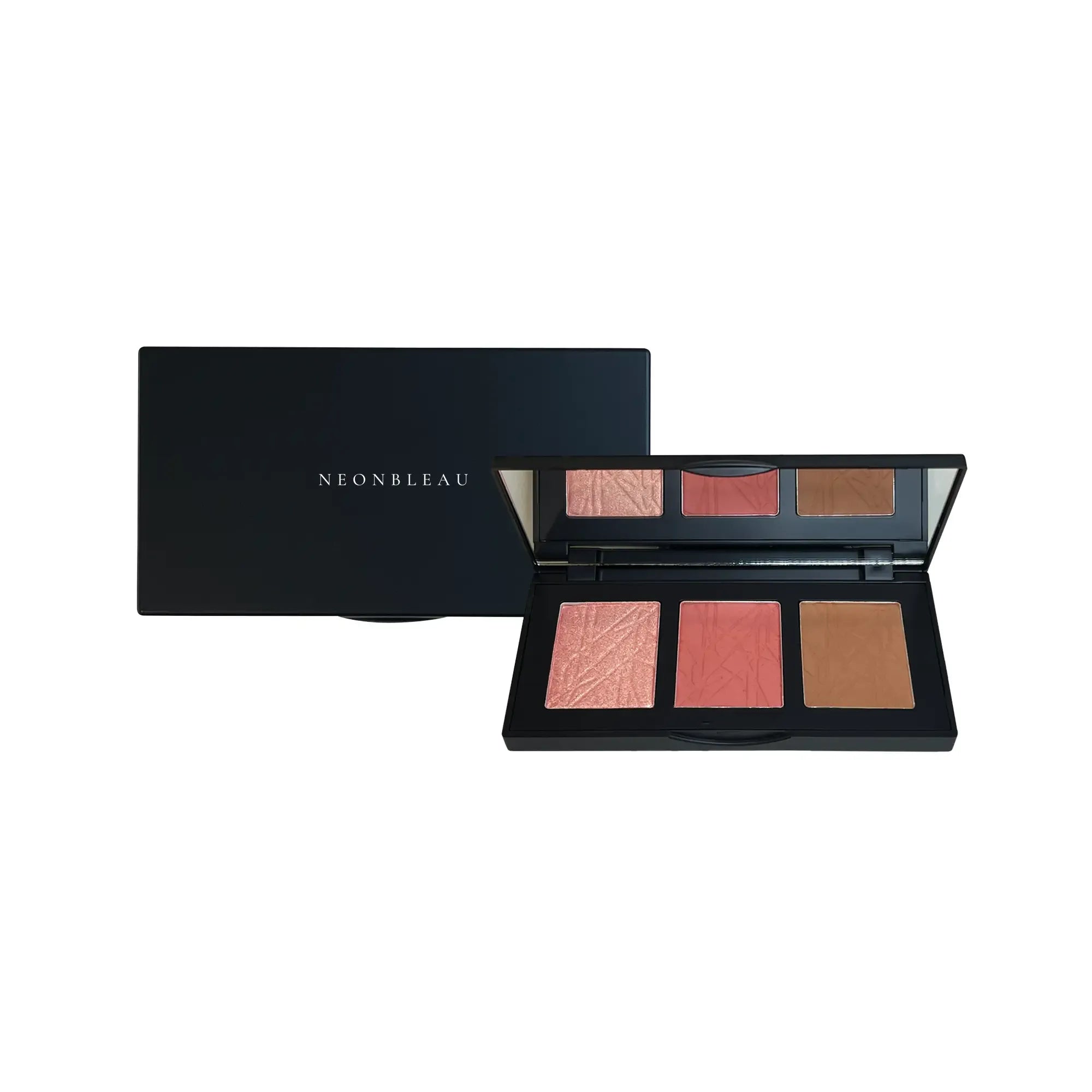 An open black makeup palette with three shades and a closed palette behind it.