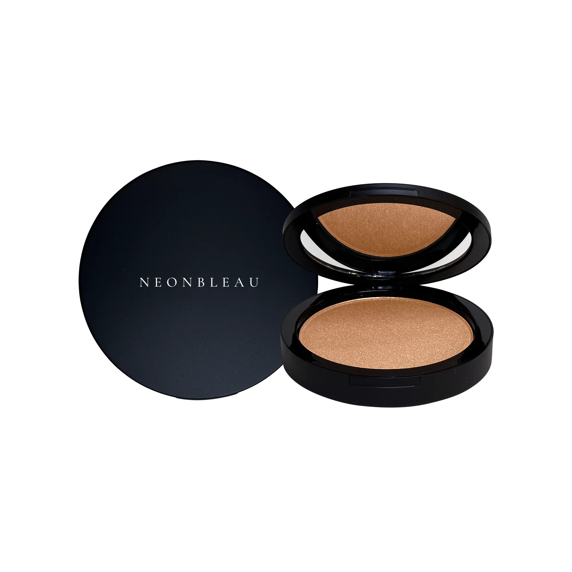 An open compact of shimmery gold luminizing powder next to a closed compact with "NEONBLEAU" on it.