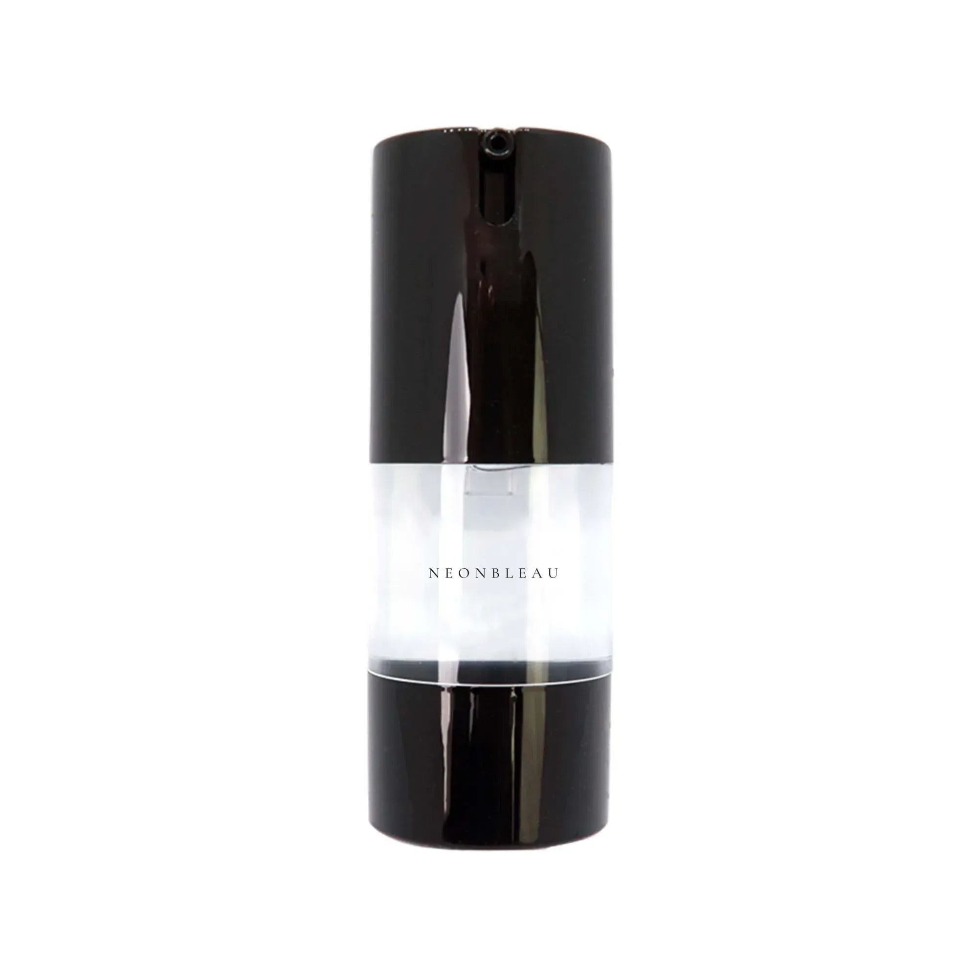 Black and clear airless pump bottle with "NEONBLEAU" printed on it.