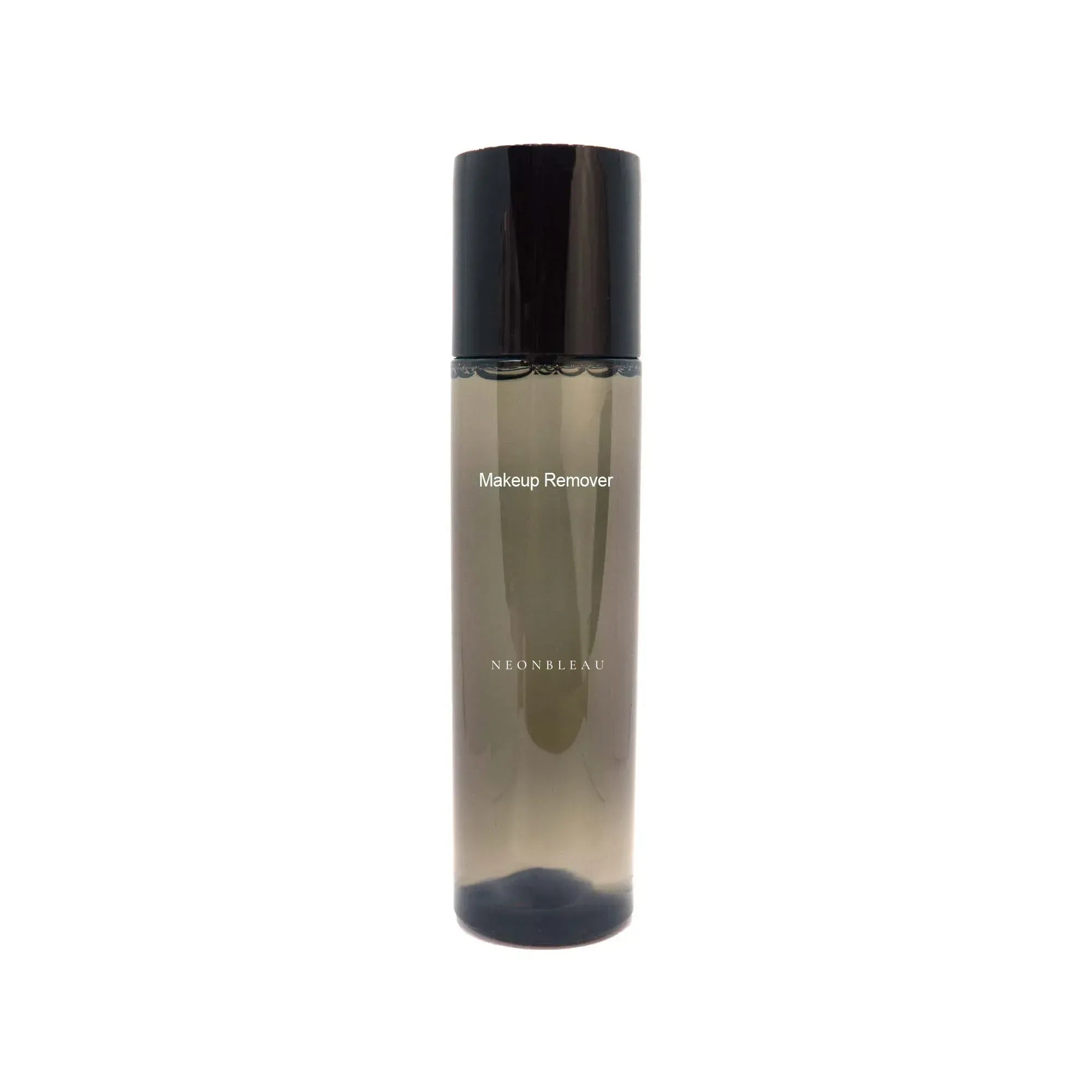 A tall, dark gray bottle of makeup remover with a black cap.
