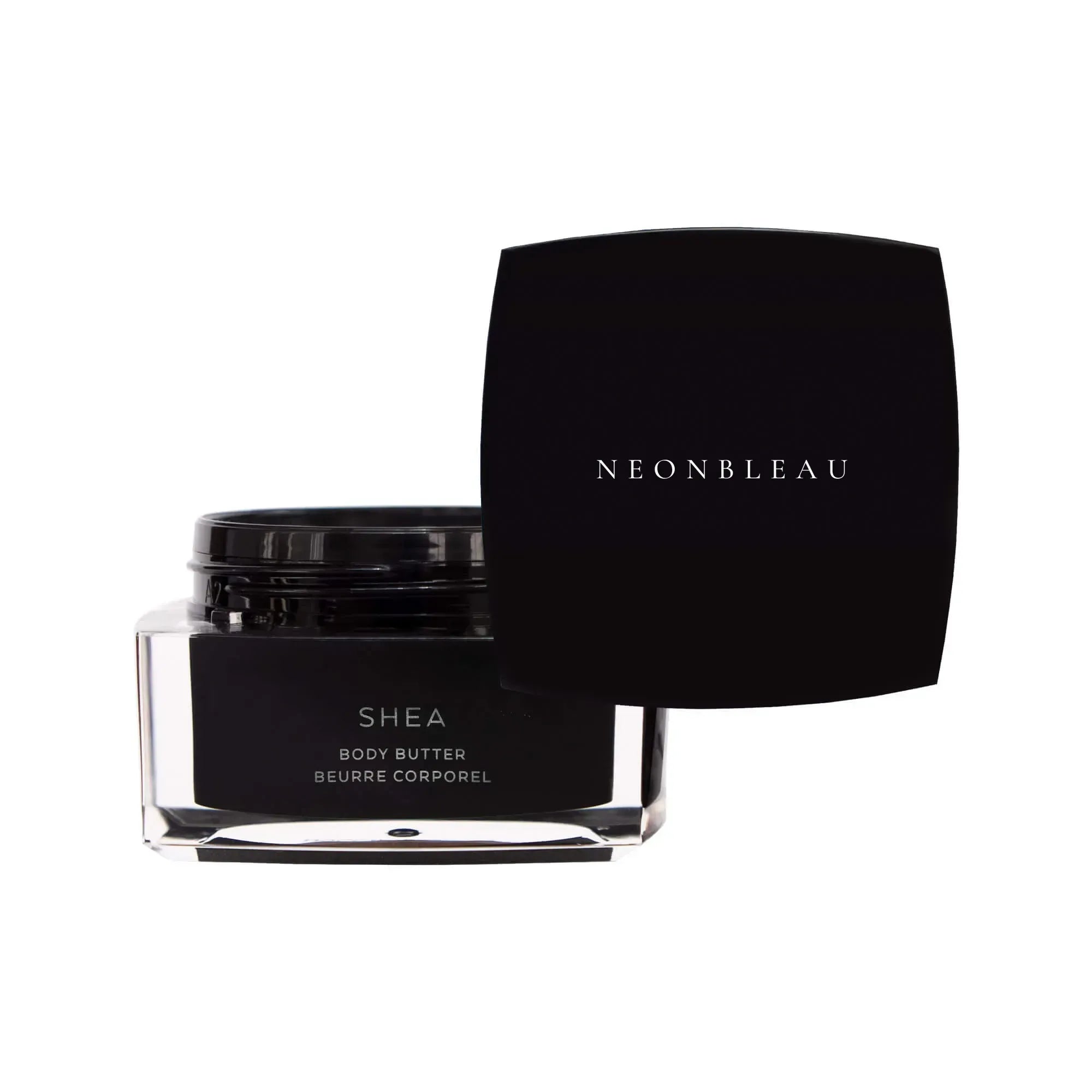 Black jar of Shea Body Butter with a black lid featuring "NEONBLEAU" in white.