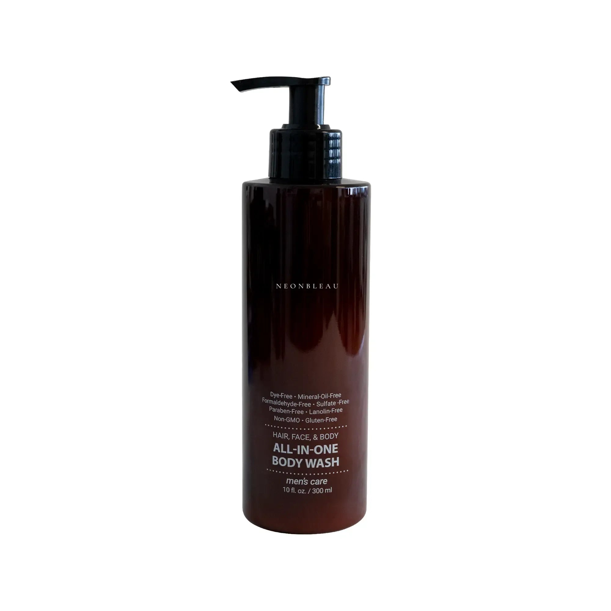 A dark brown bottle of NeonBleau All-in-One Body Wash with a black pump.