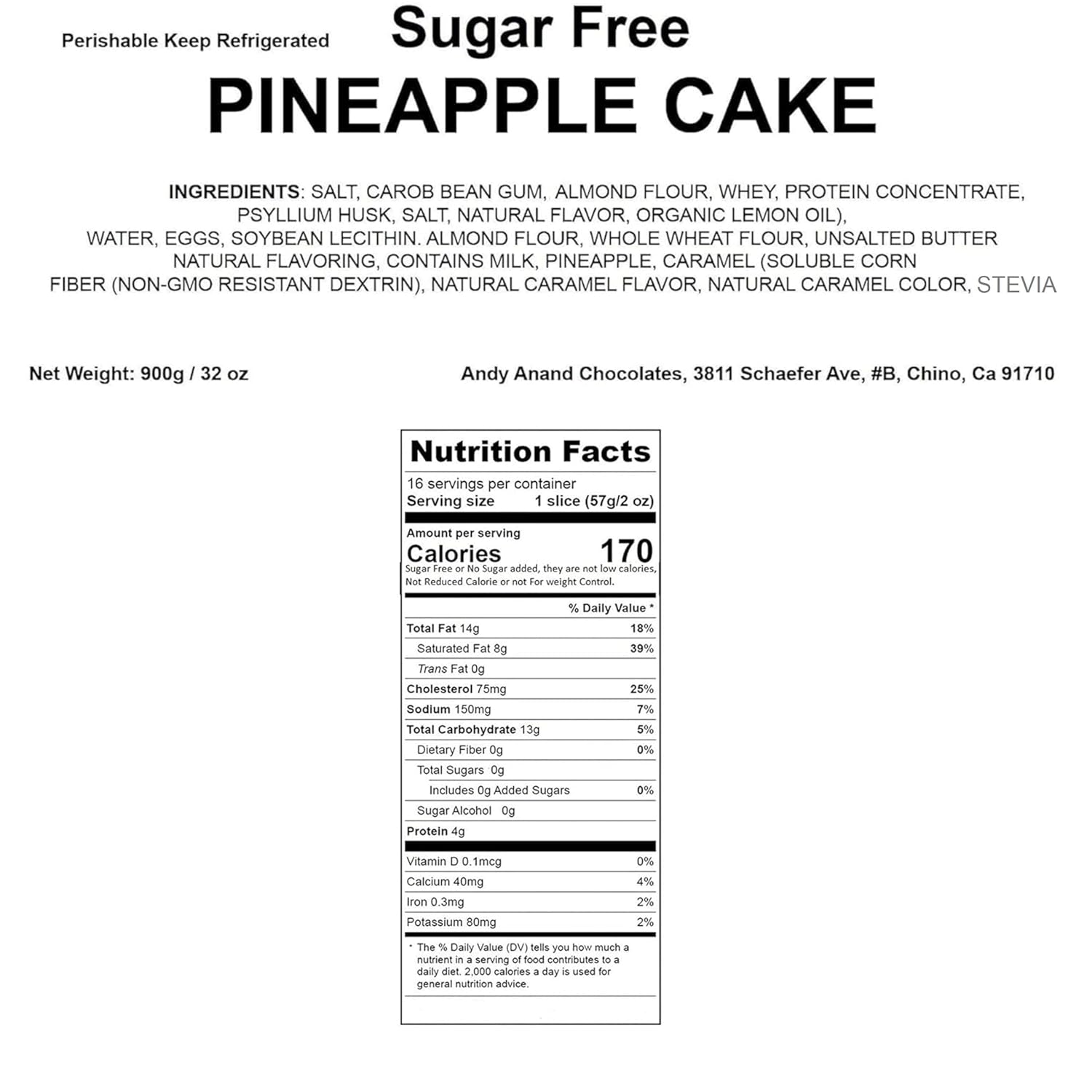 Andy Anand Sugar-Free Pineapple Cake (9-inch, 2 lbs) | Sugar-Free & Keto Cake | Local SoCal Bakery