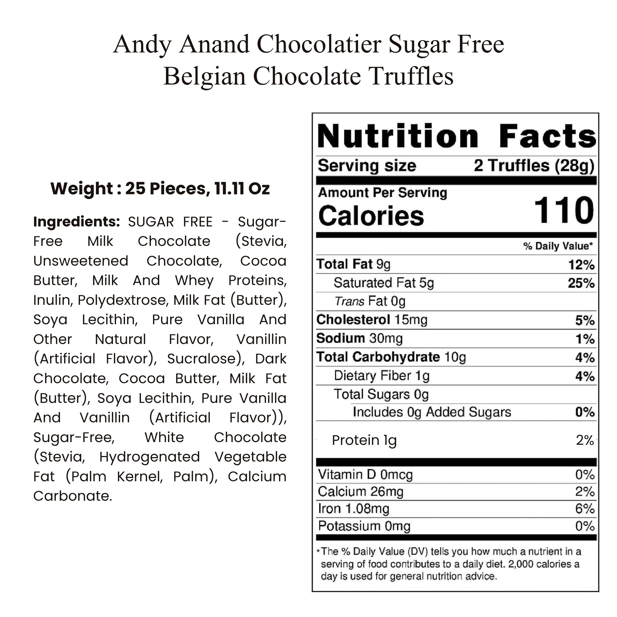 Andy Anand Sugar-Free Belgian Chocolate Truffles (25 pc, 11.11 oz) | Stevia-Sweetened Gift Box | Local SoCal Chocolatier