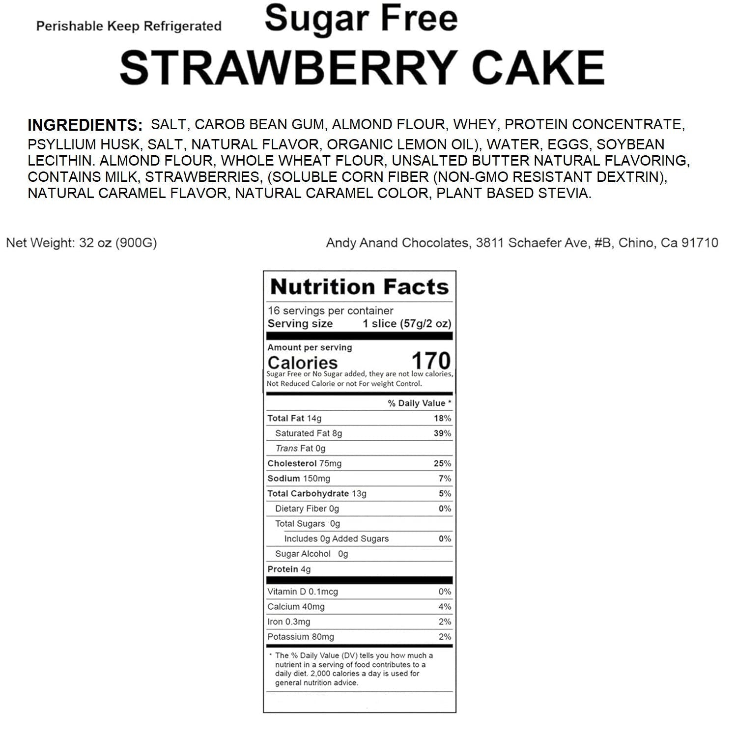 Andy Anand Sugar-Free Strawberry Cake (9-inch, 2 lbs) | Sugar-Free & Keto Cake | Local SoCal Bakery