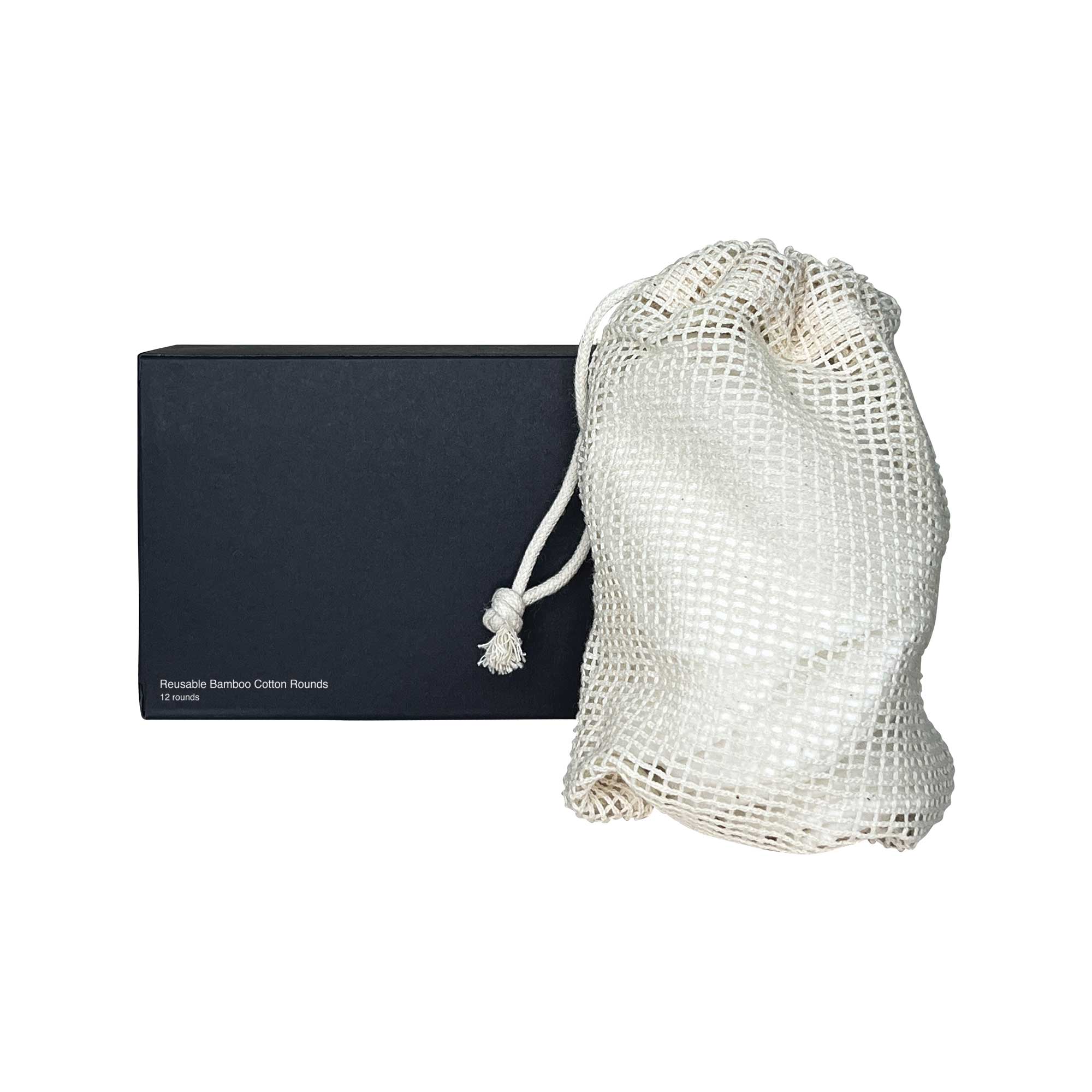 A black box and a mesh bag of reusable bamboo cotton rounds.
