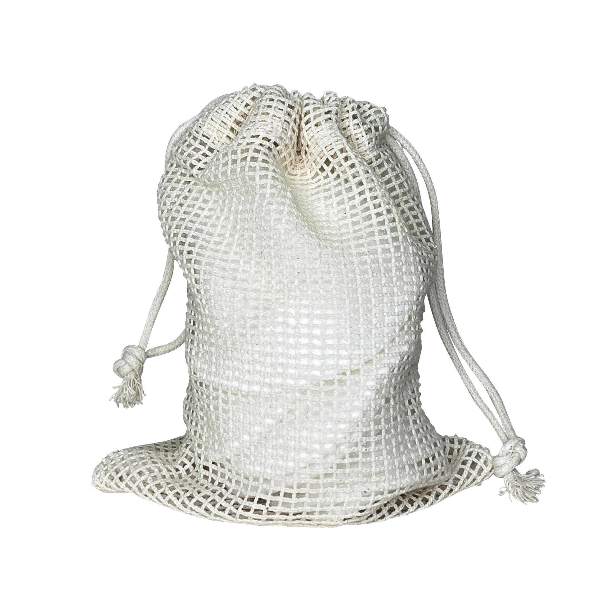 A white mesh drawstring bag holds several white, round cotton pads.
