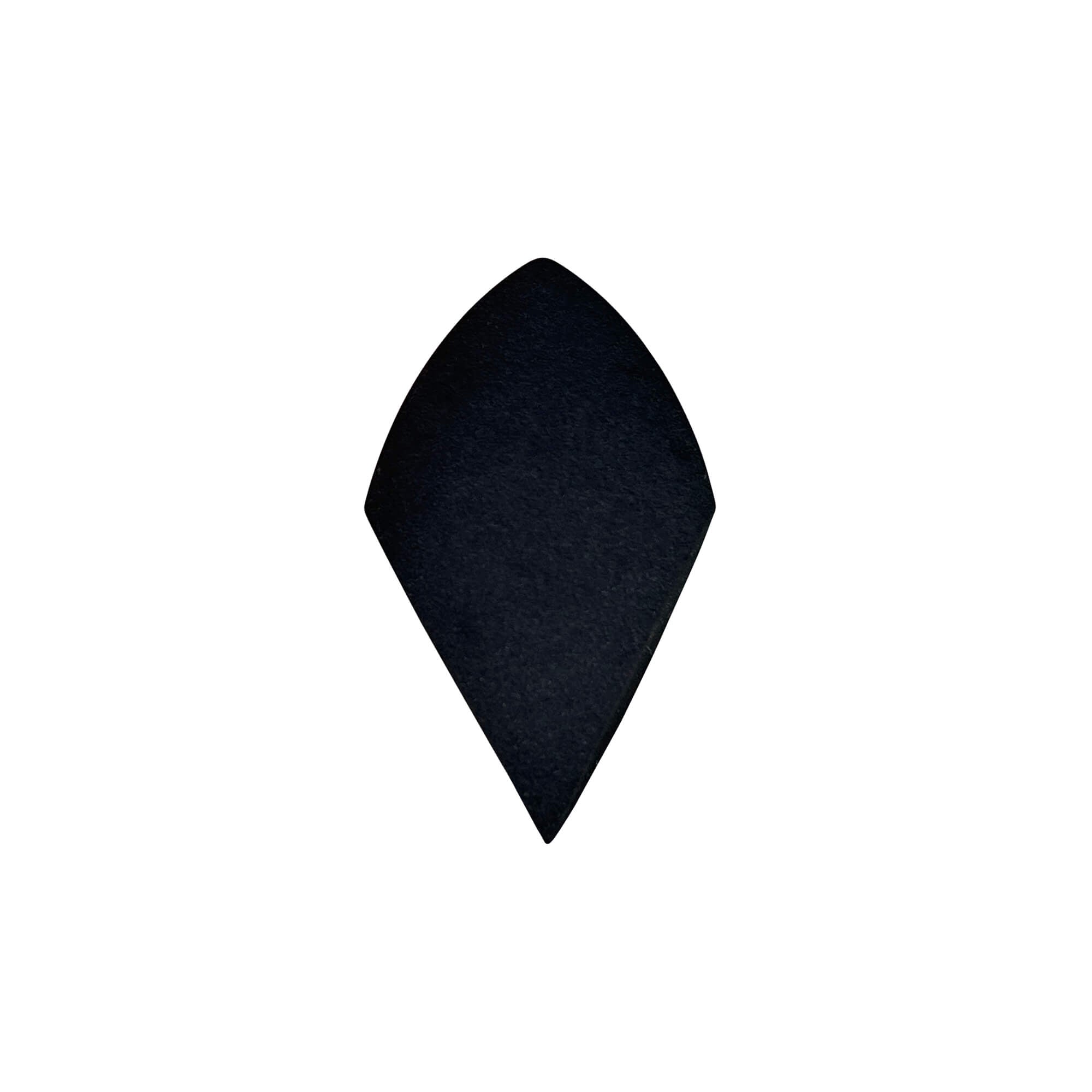 A black, teardrop-shaped makeup blender with a pointed bottom and rounded top.