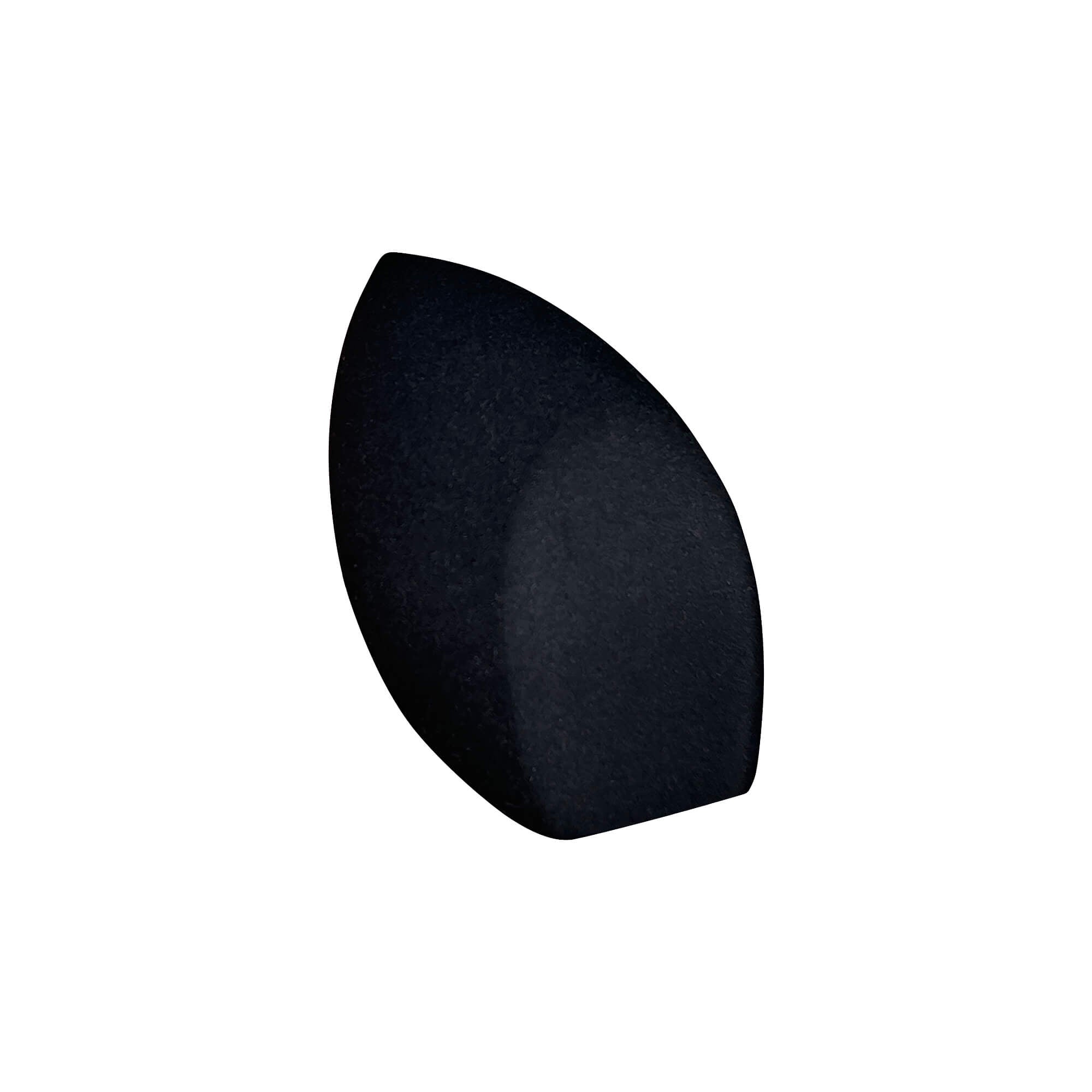 Black, teardrop-shaped makeup sponge with a textured surface.