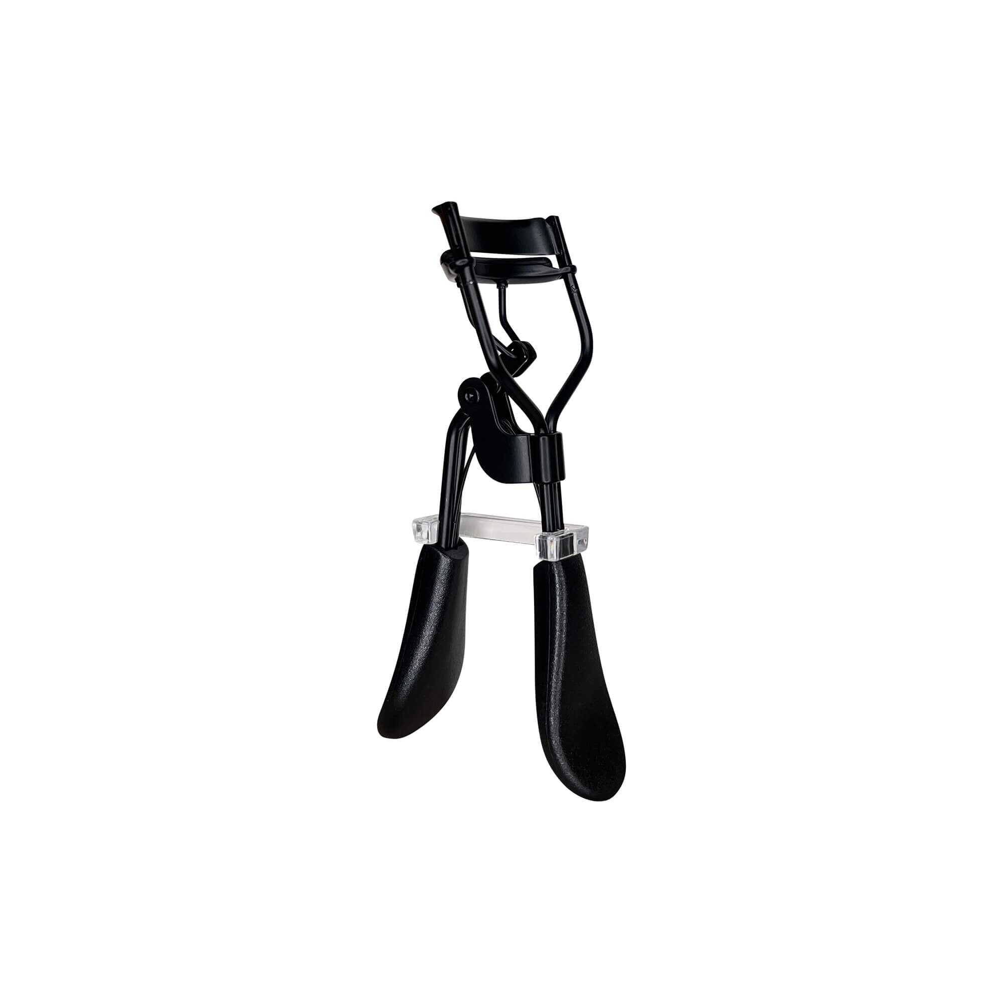 Black padded eyelash curler with a clear plastic piece on the handles.