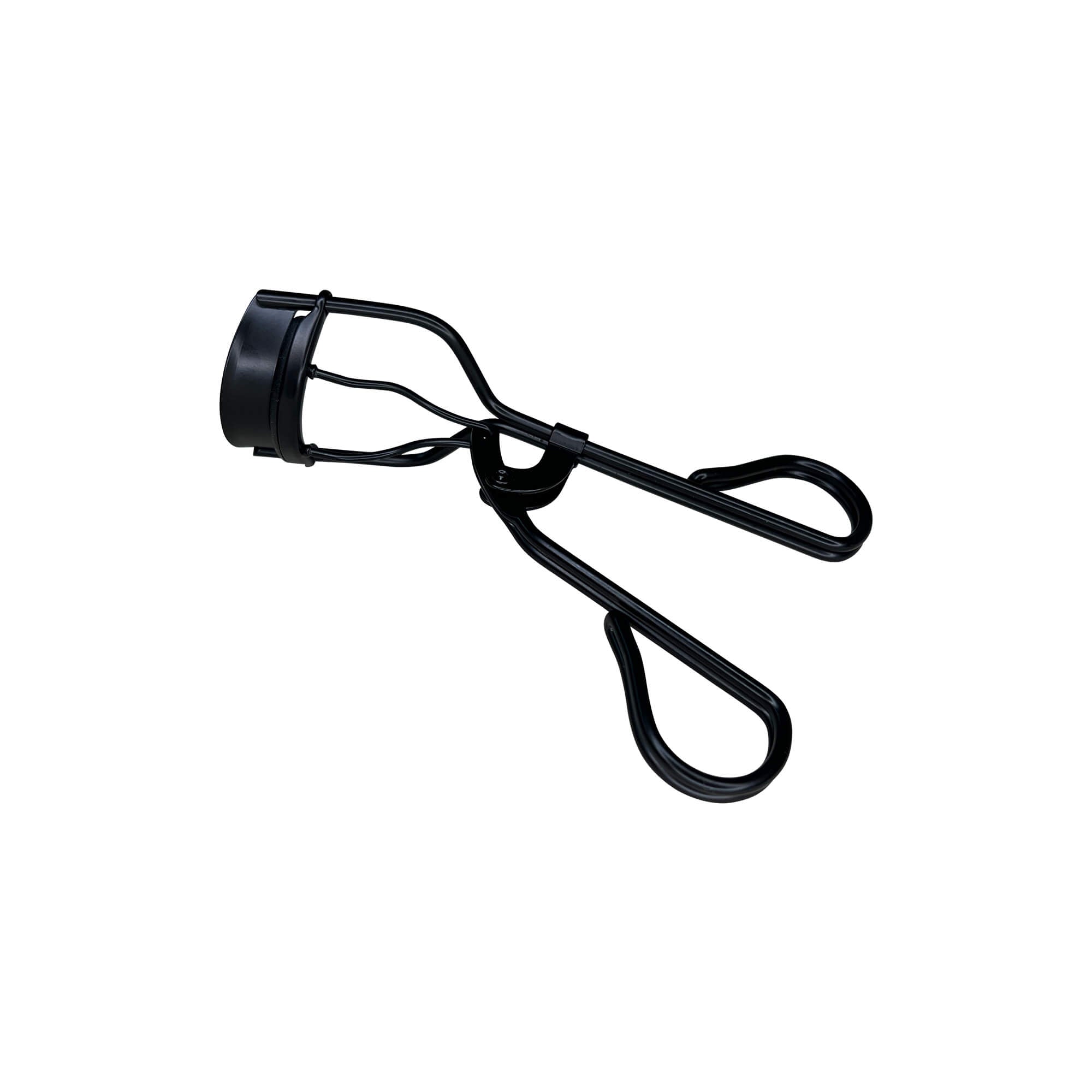 Black metal eyelash curler with a silicone pad.