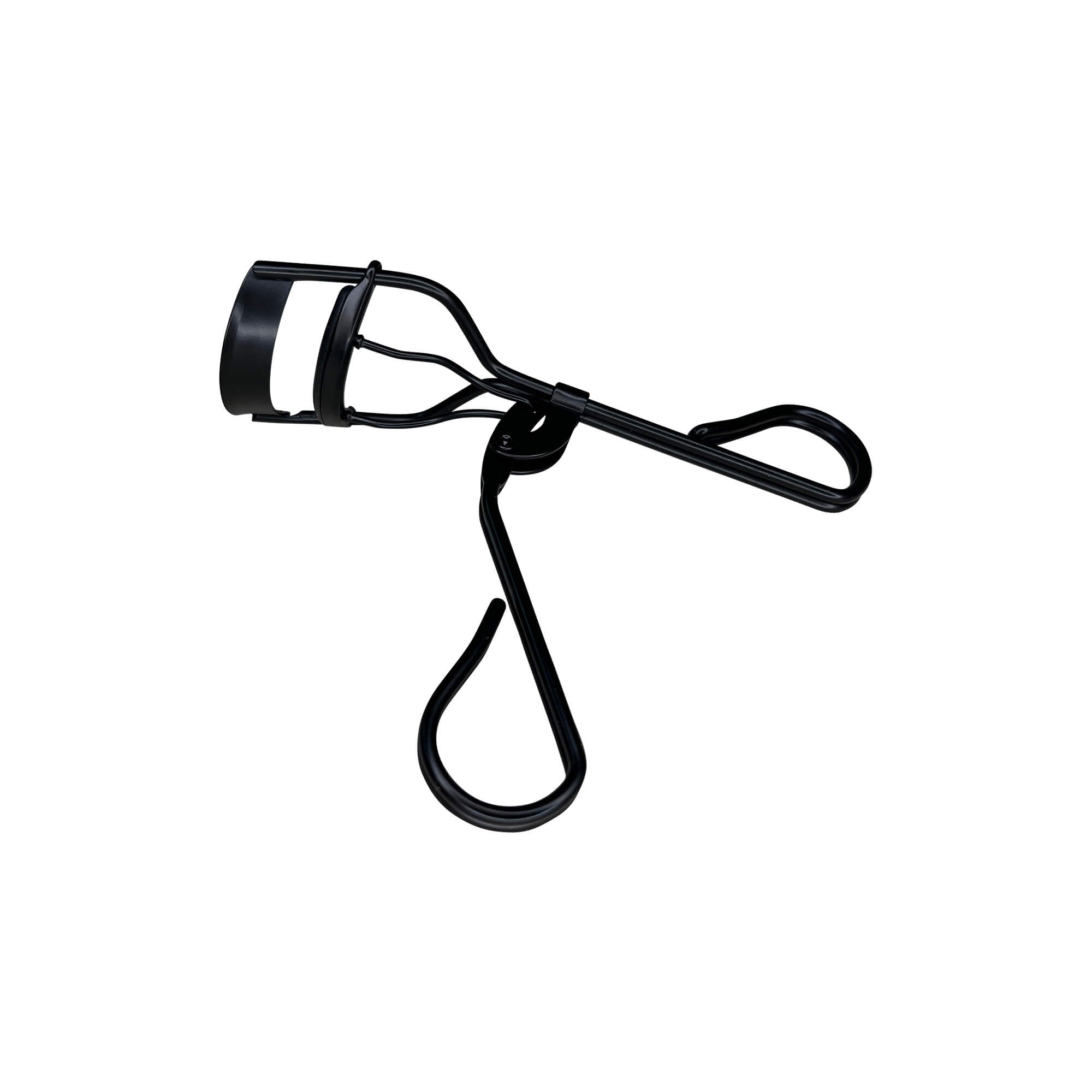 Black metal eyelash curler with a silicone pad.