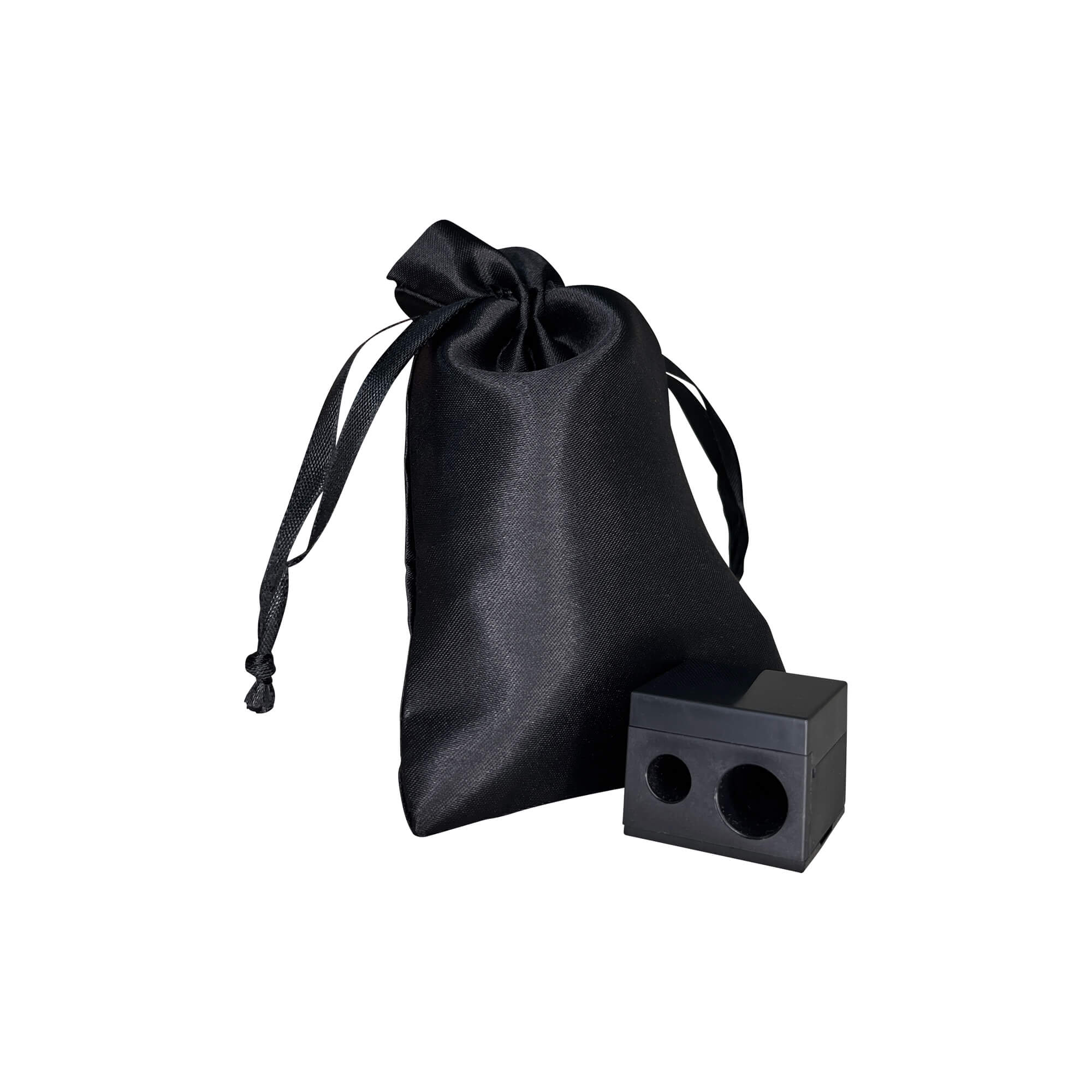 A black dual pencil sharpener sits next to a black drawstring pouch.