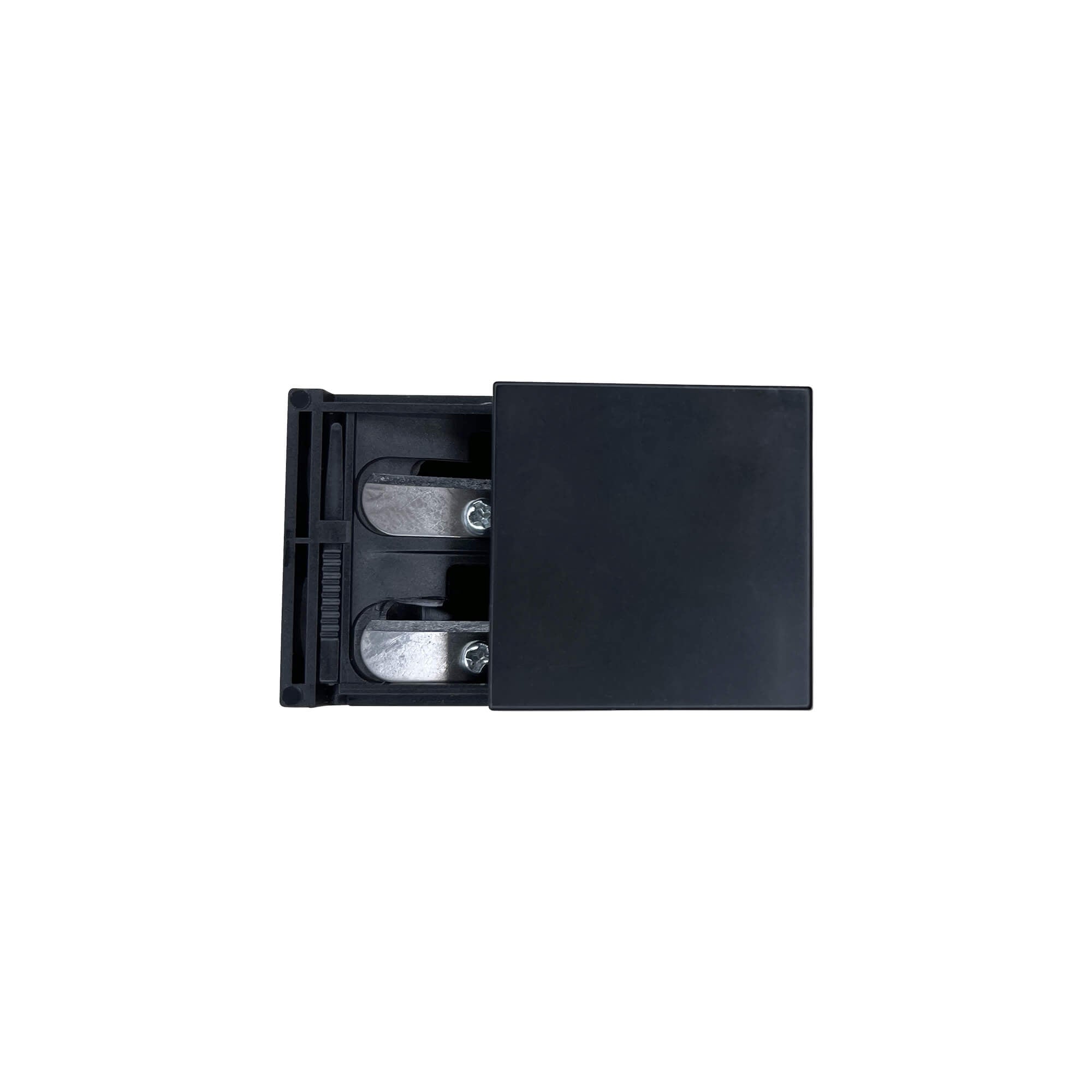 Black dual pencil sharpener with a sliding cover, shown from above.