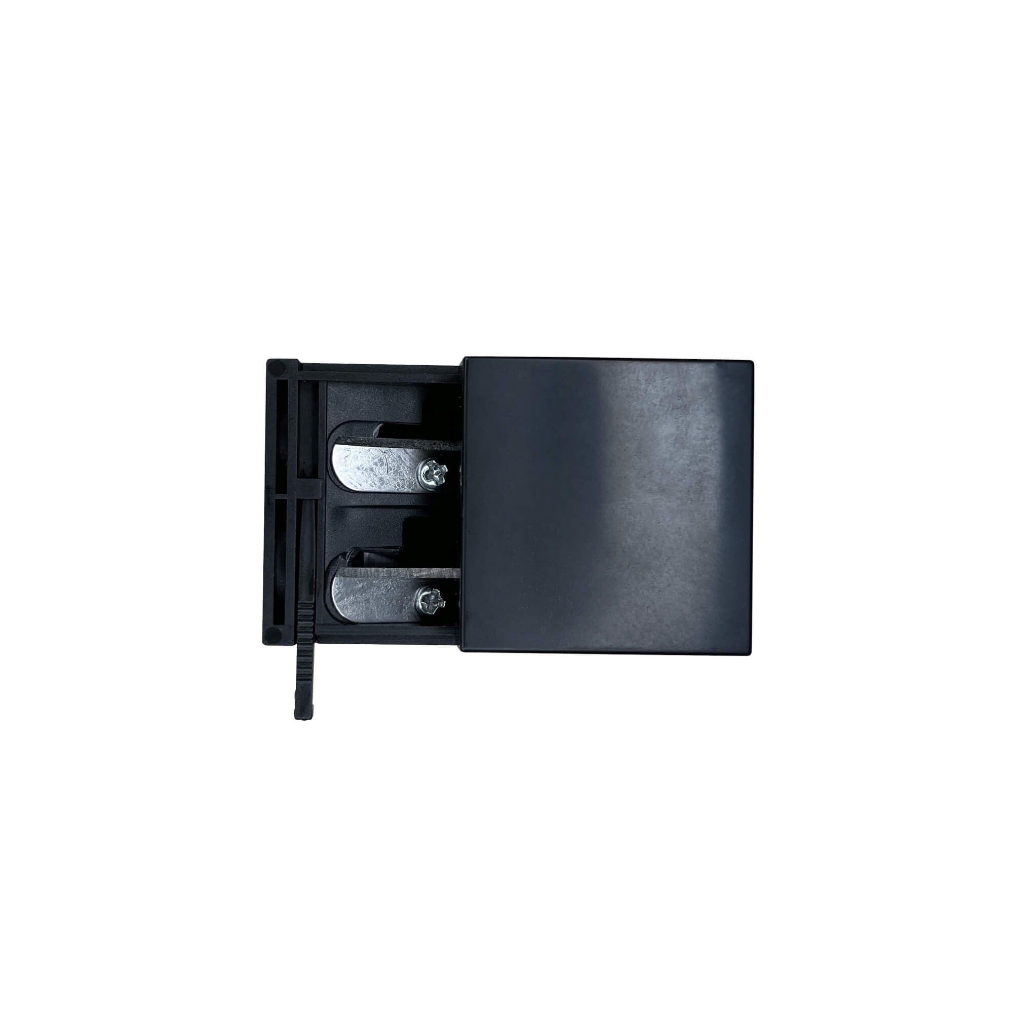 Black dual pencil sharpener with a sliding cover and cleaning stick.