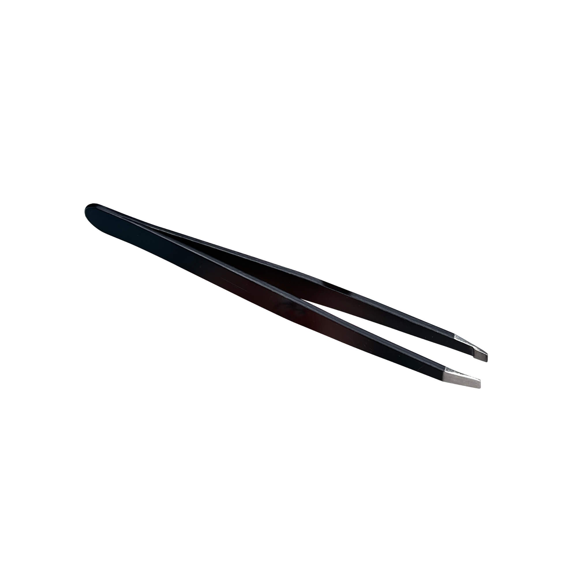 Black precision tweezers with slanted tips.