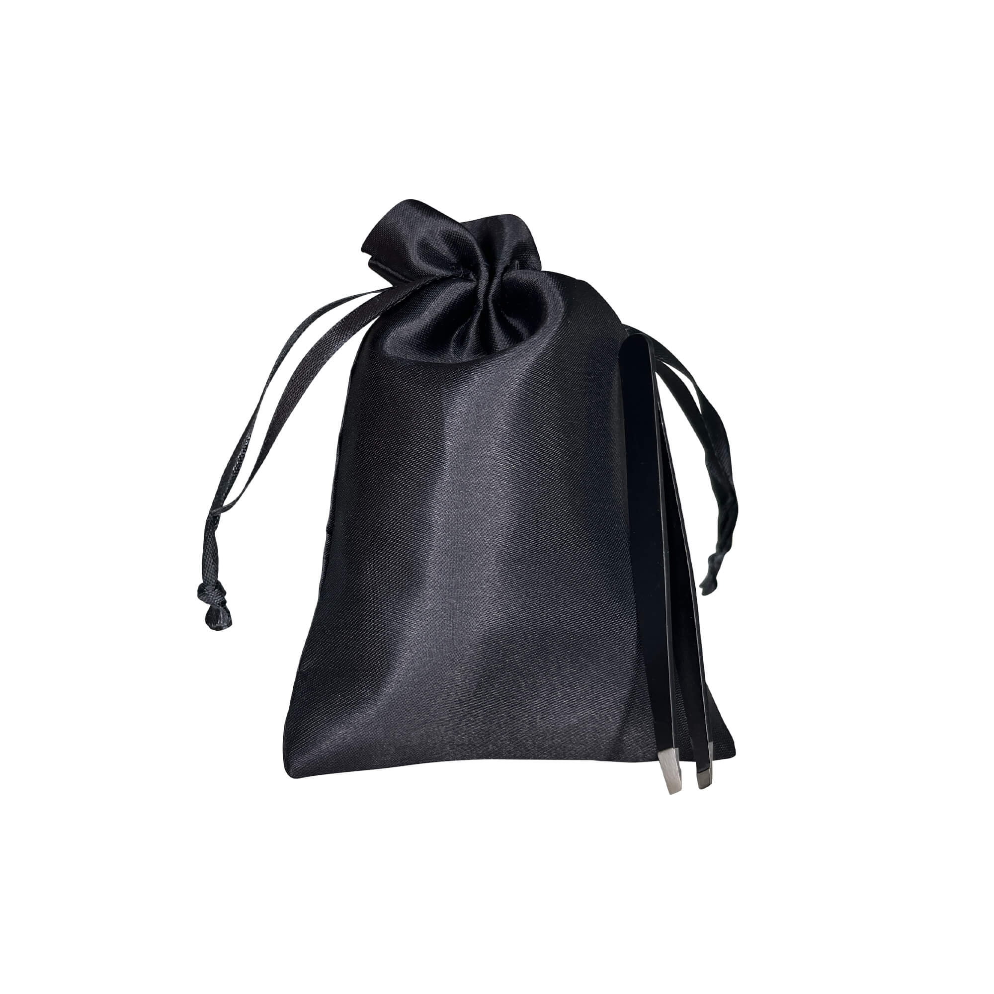 Black satin drawstring pouch with a pair of silver-tipped tweezers.