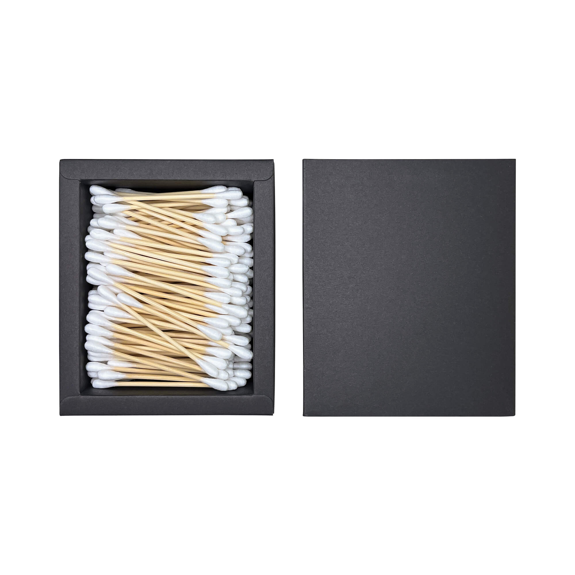 An open black box of biodegradable cotton swabs with a closed black box next to it.