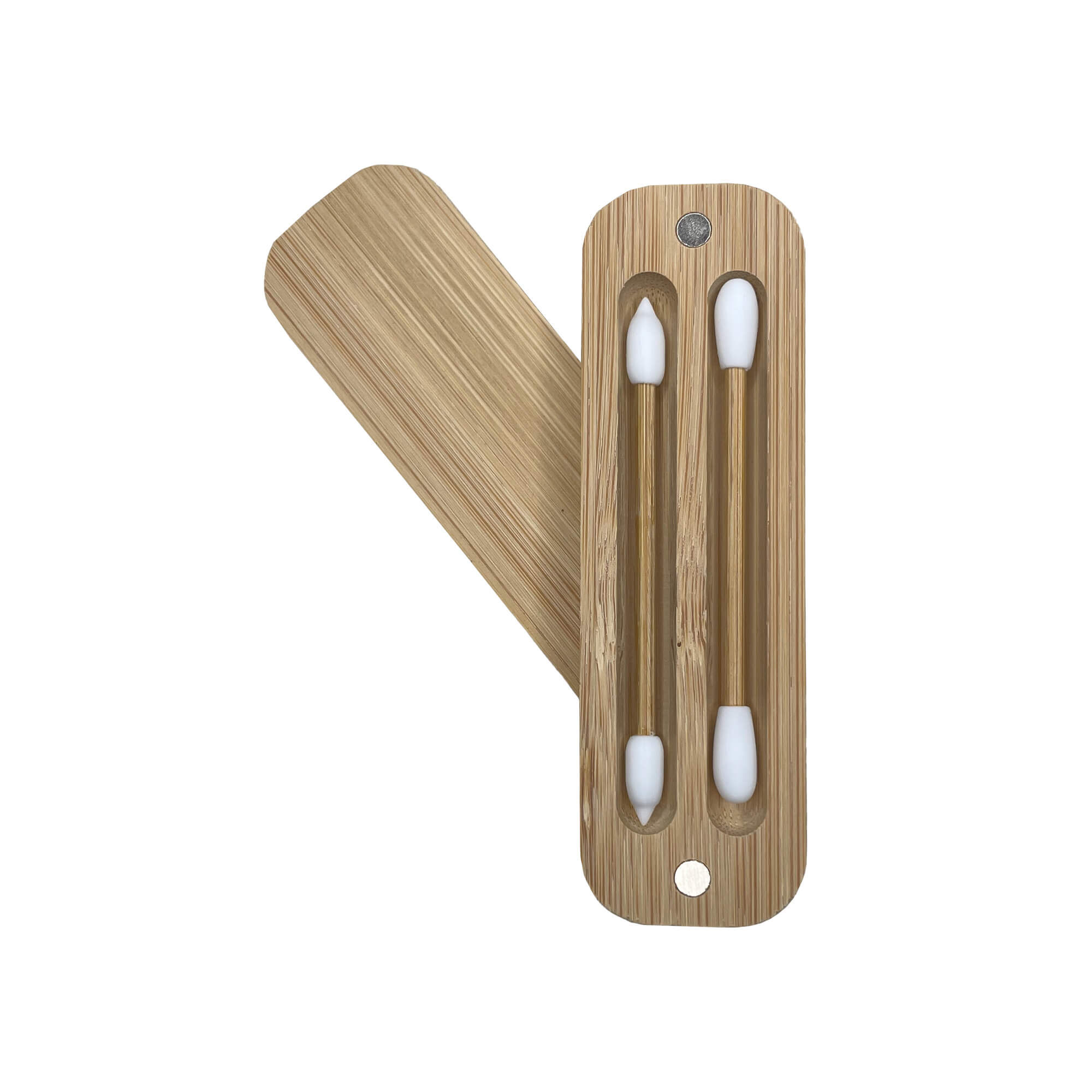 Two reusable makeup swabs with white silicone tips and bamboo sticks in an open bamboo case.