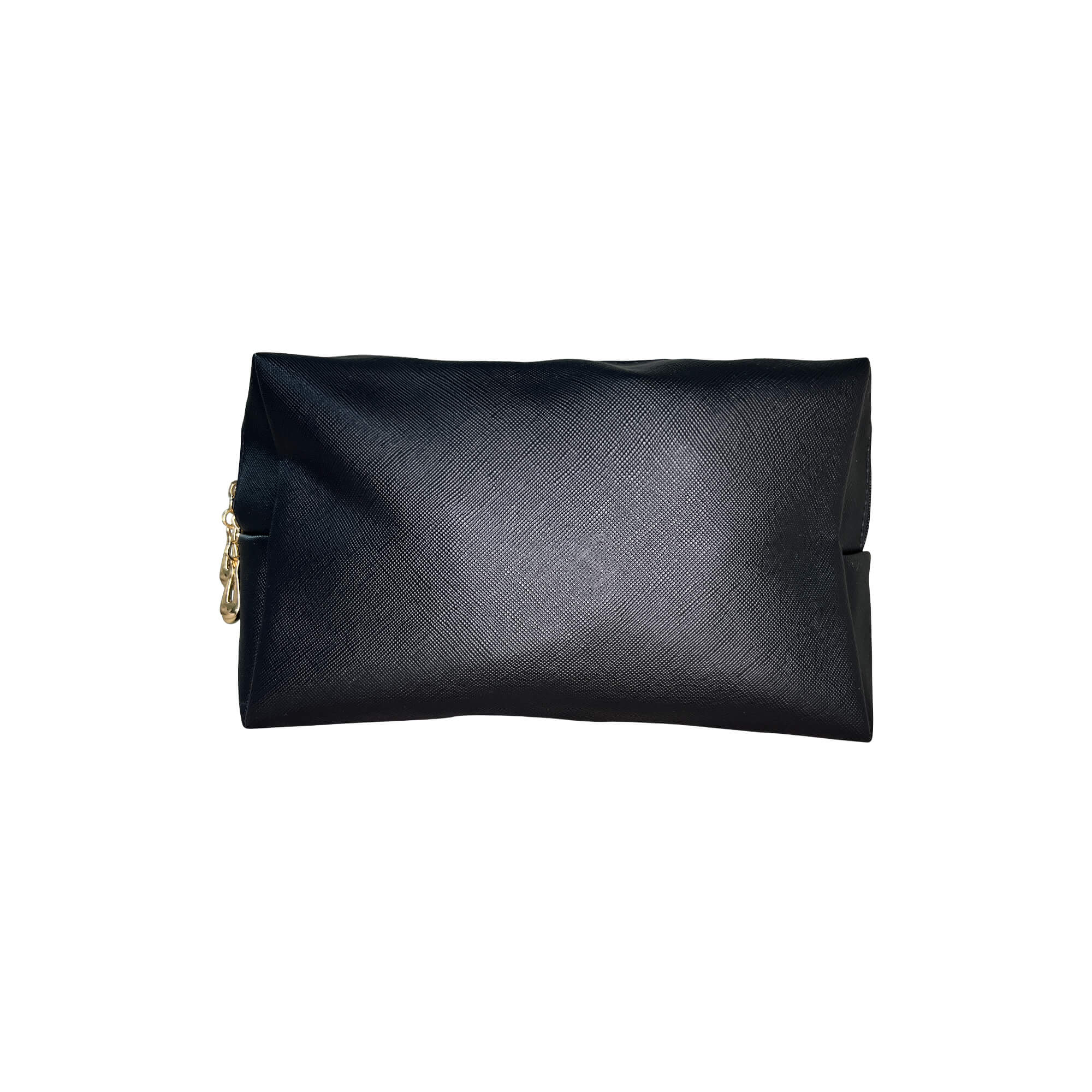 Black textured makeup bag with a gold zipper pull.