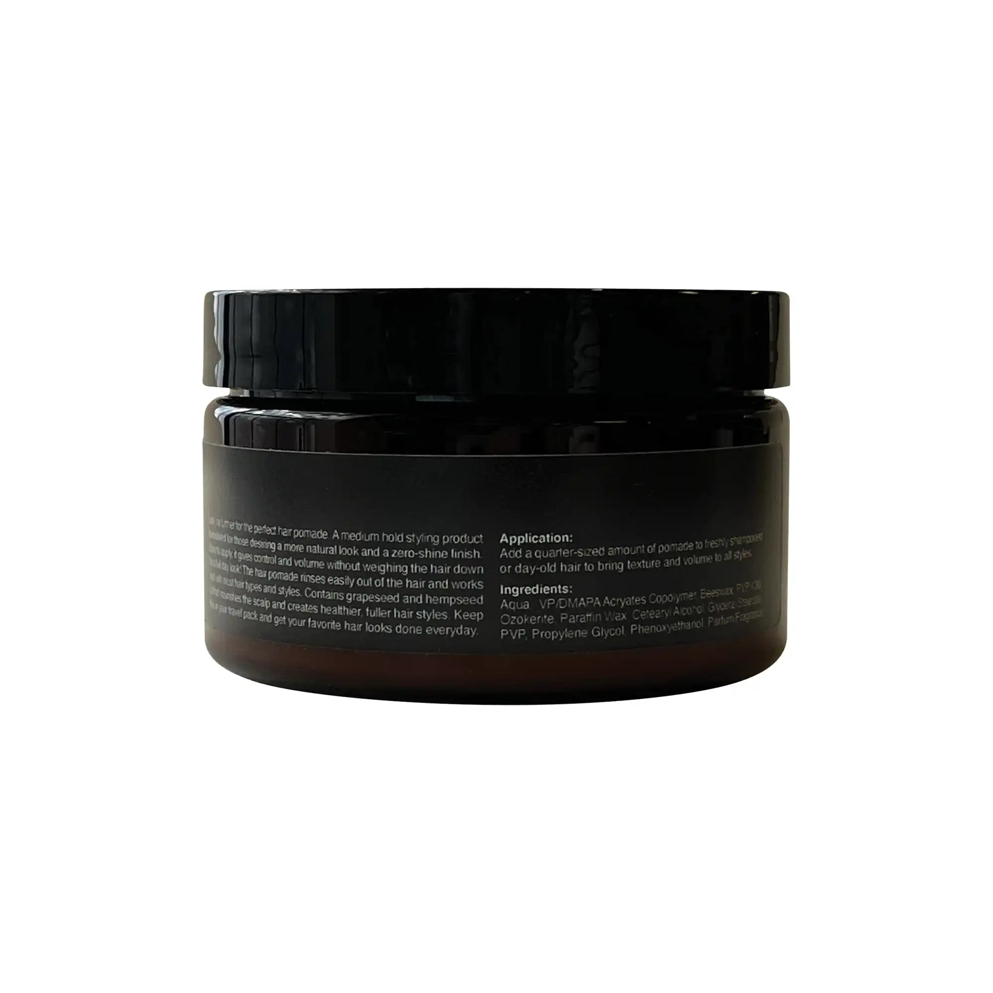 A dark brown jar of hair clay with a black label and cap.