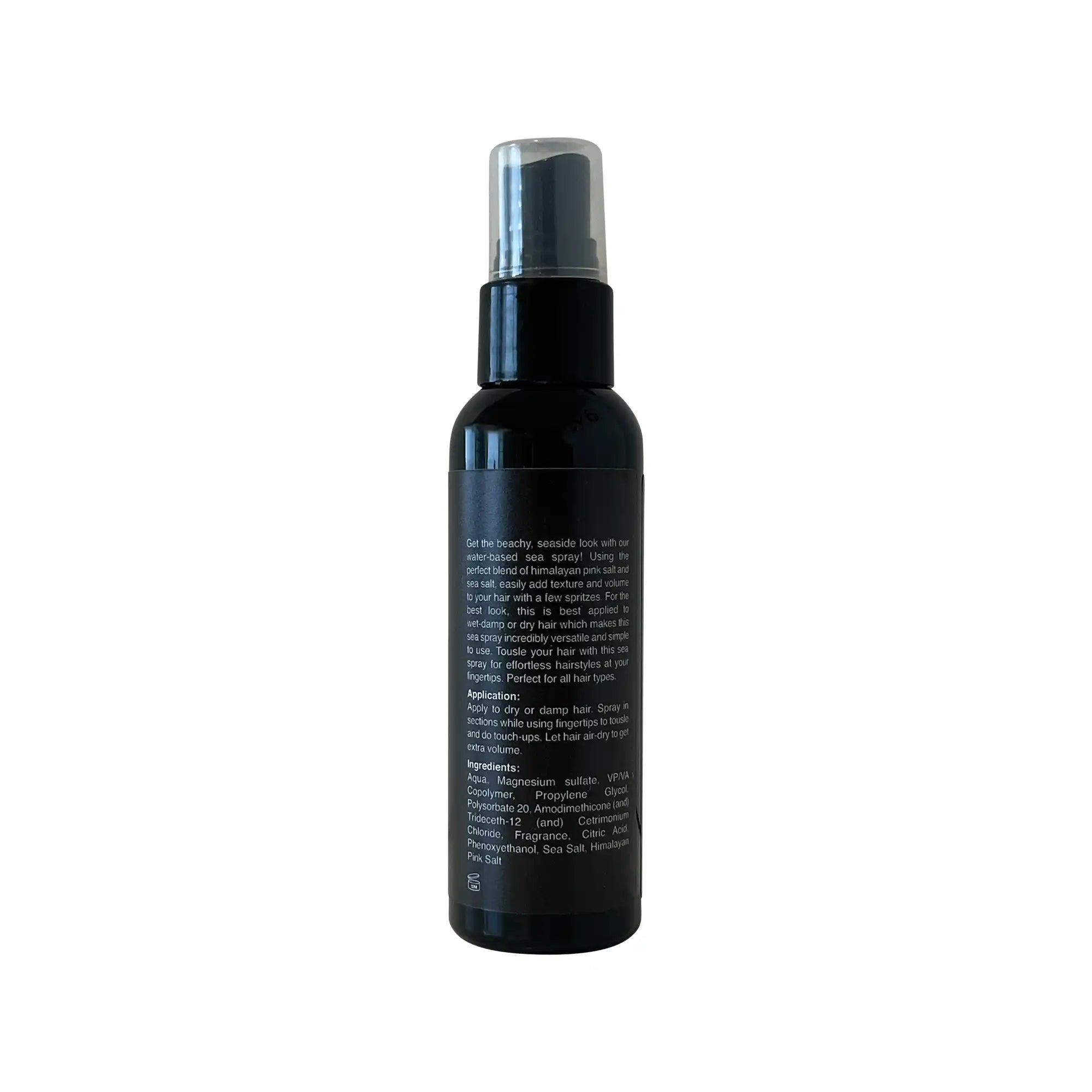 Black spray bottle of sea spray with a clear cap and white text.