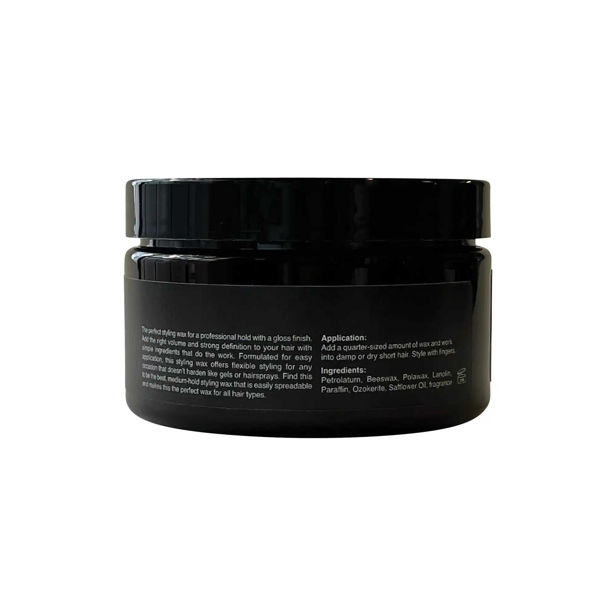 Black jar of styling wax with product details visible on the label.