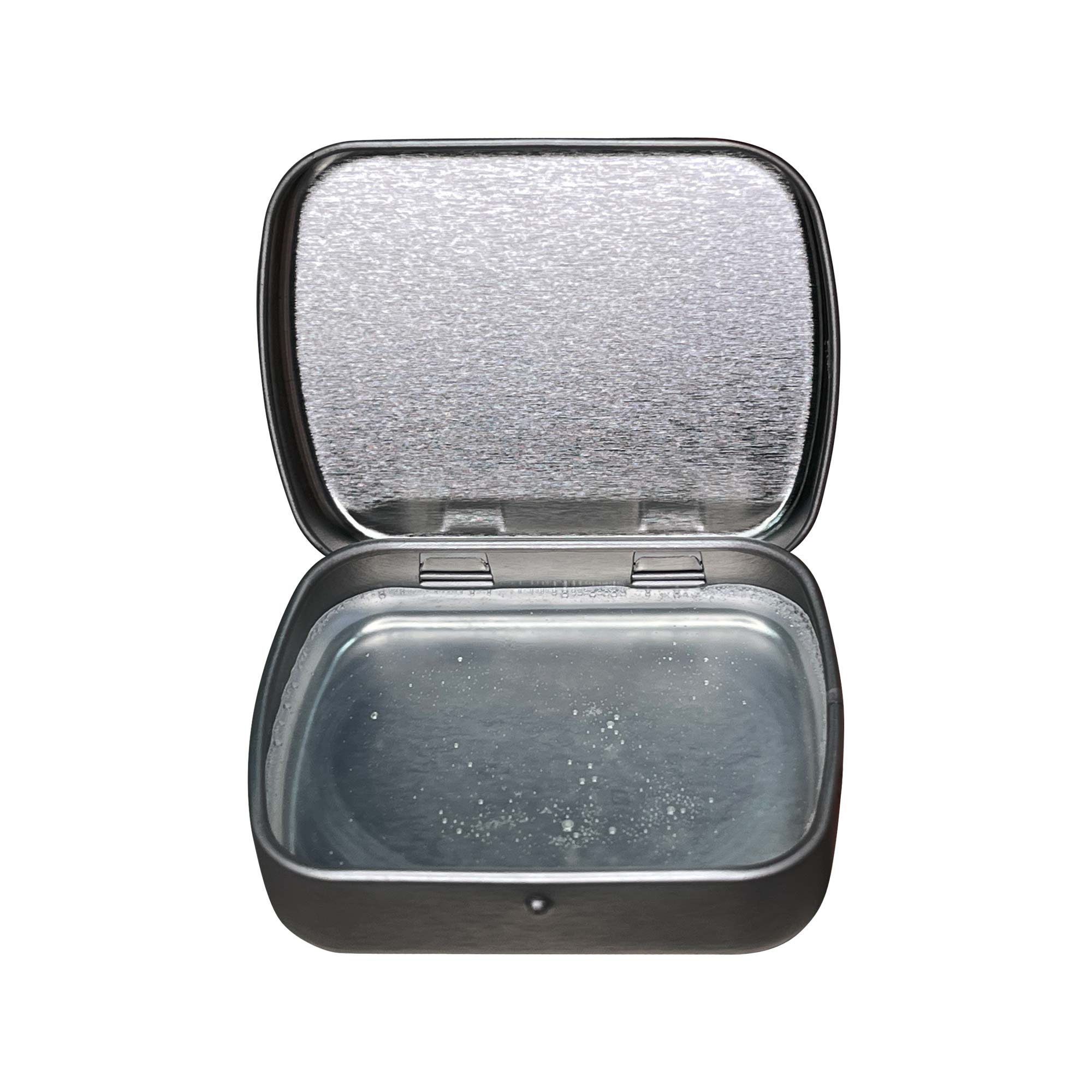 An open, empty, rectangular metal tin with a textured lid.