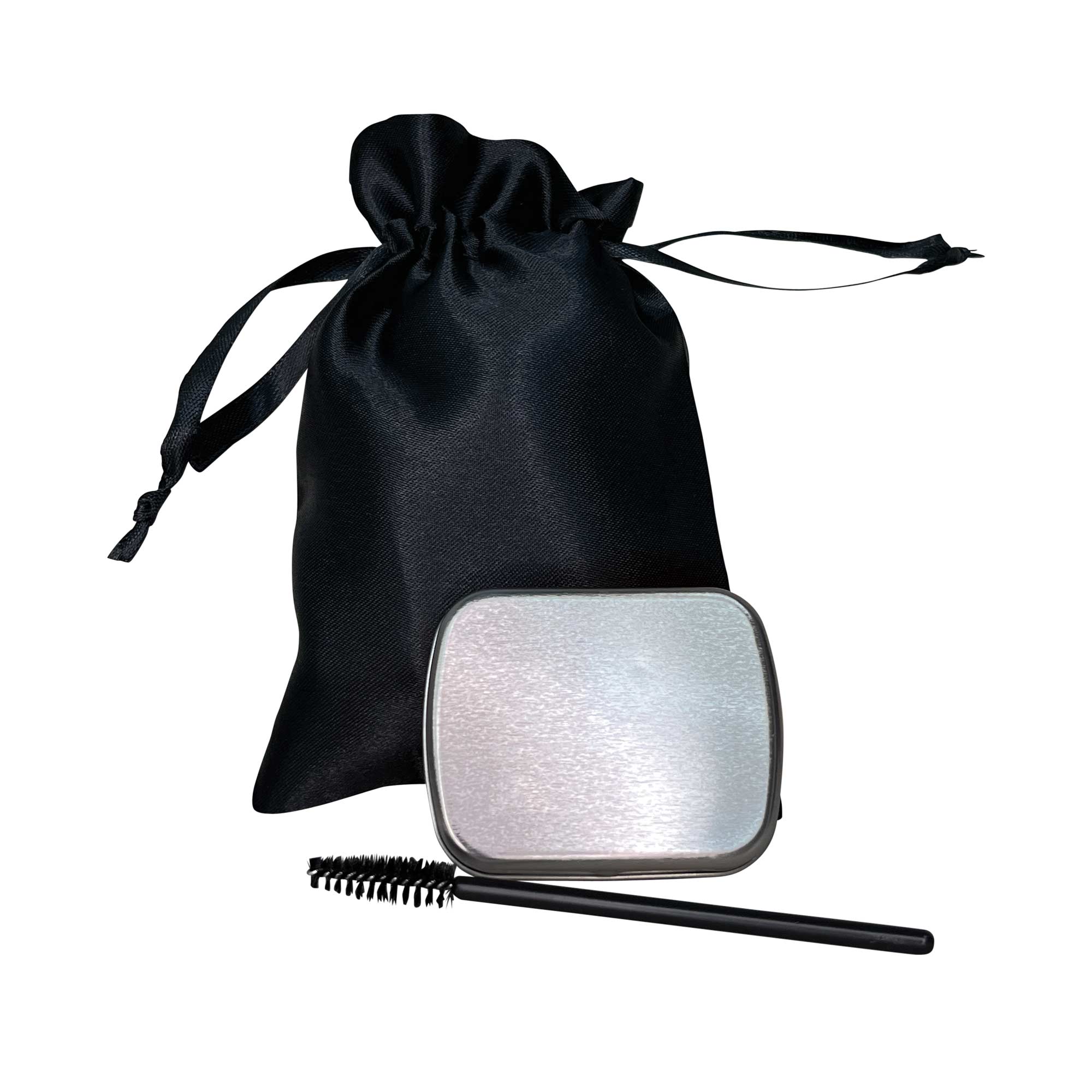 A black drawstring pouch, a silver rectangular tin of brow soap, and a black spoolie brush.