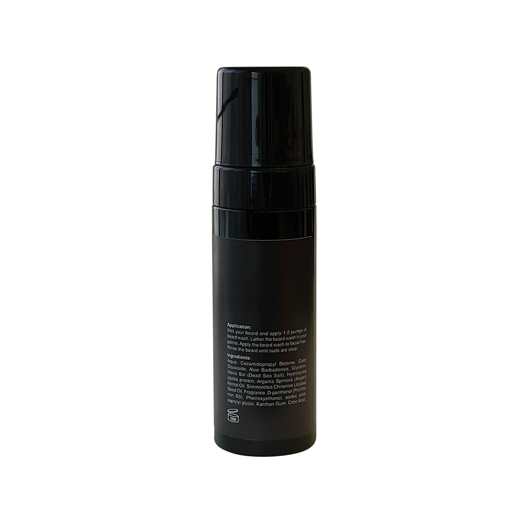 Black foaming beard wash bottle with application and ingredient details.