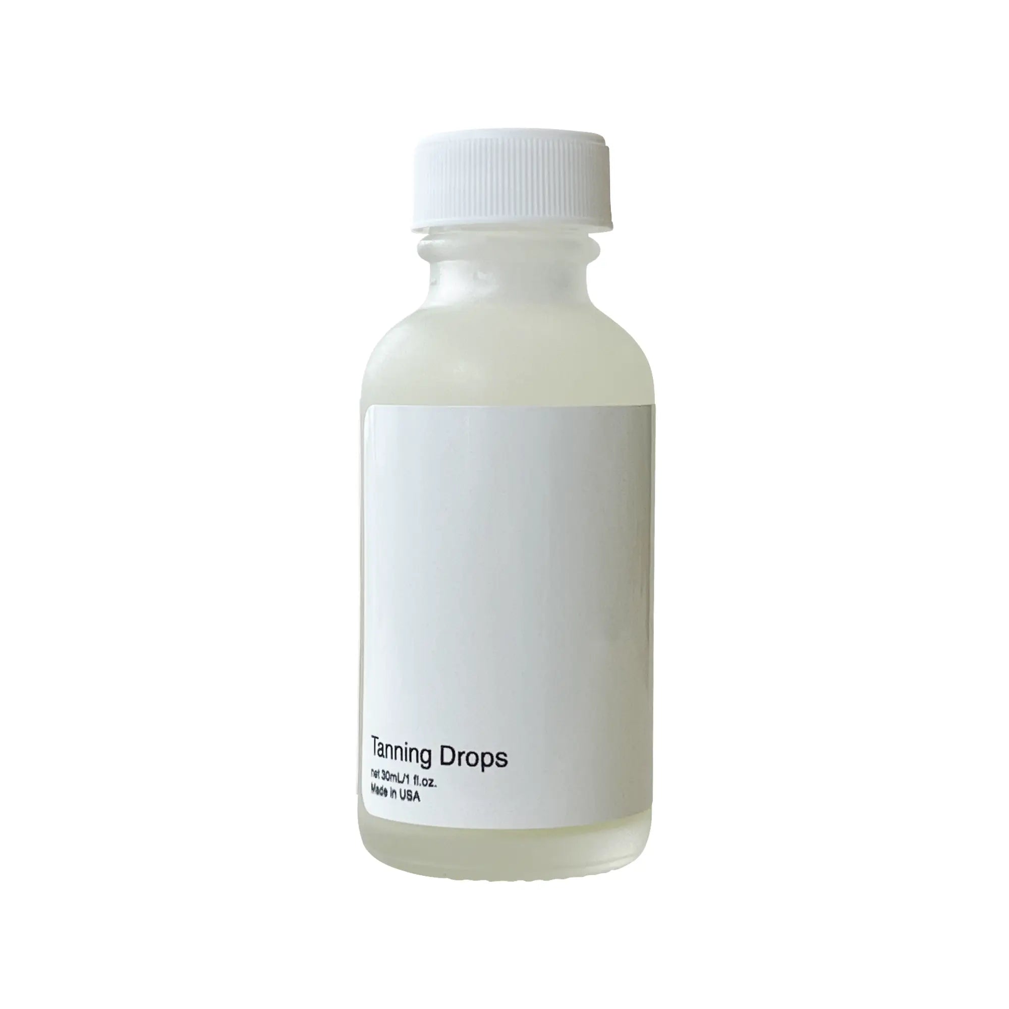 A white bottle of tanning drops with a white cap and a label that reads "Tanning Drops."