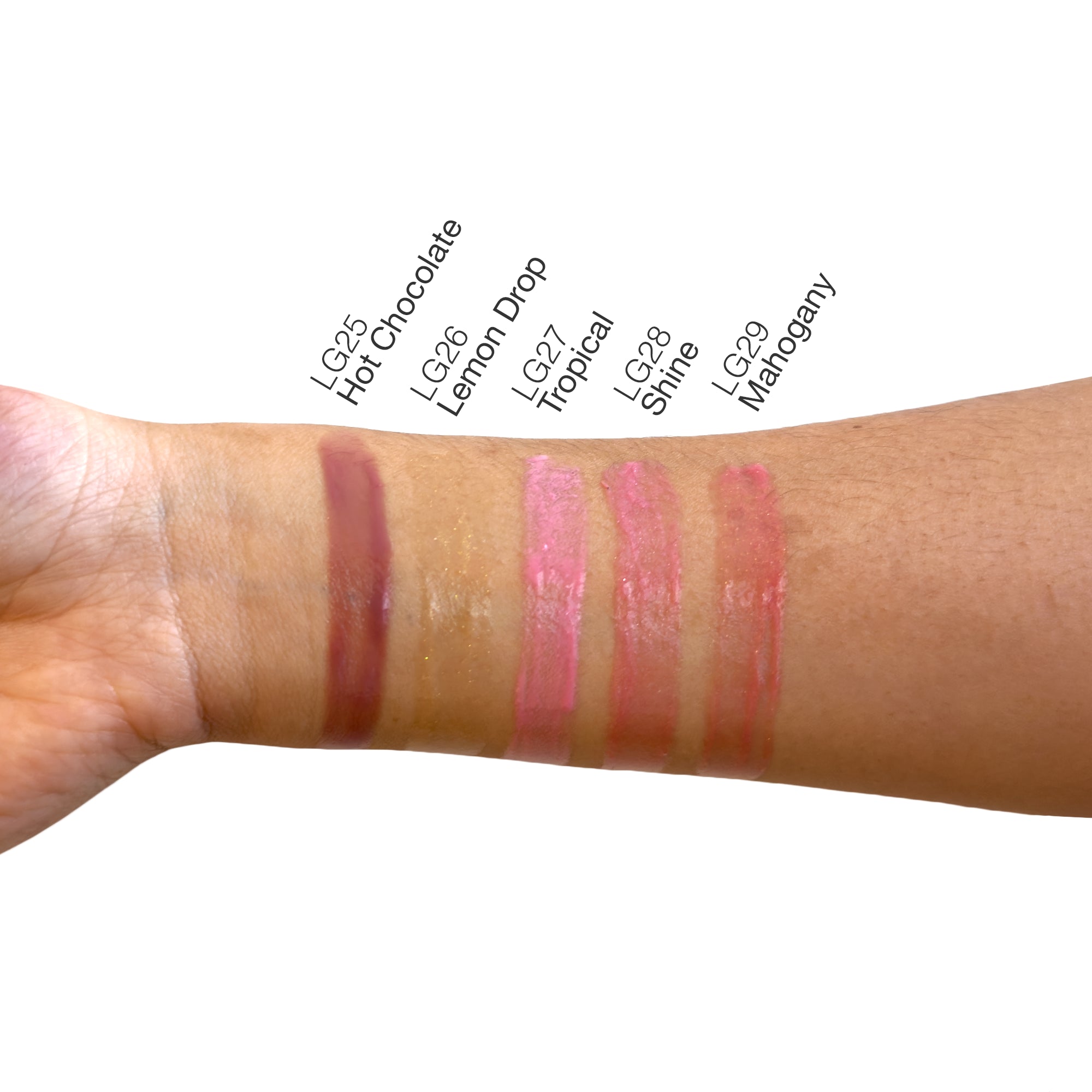 Six lip gloss swatches are shown on an arm, labeled LG25 to LG29.