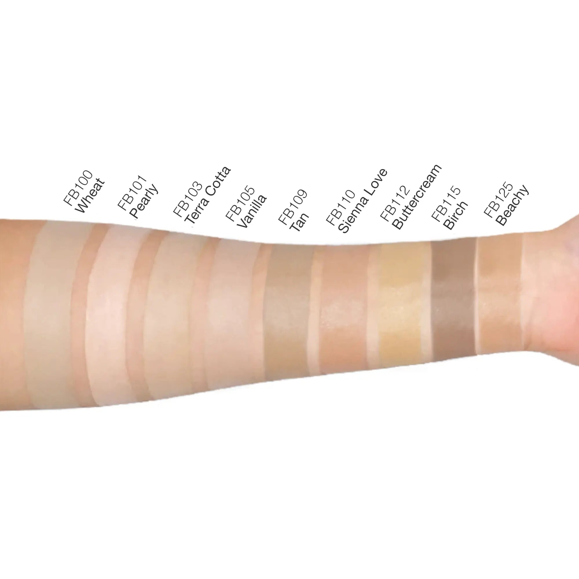 An arm displays 11 swatches of BB cream in various shades, from light to dark.