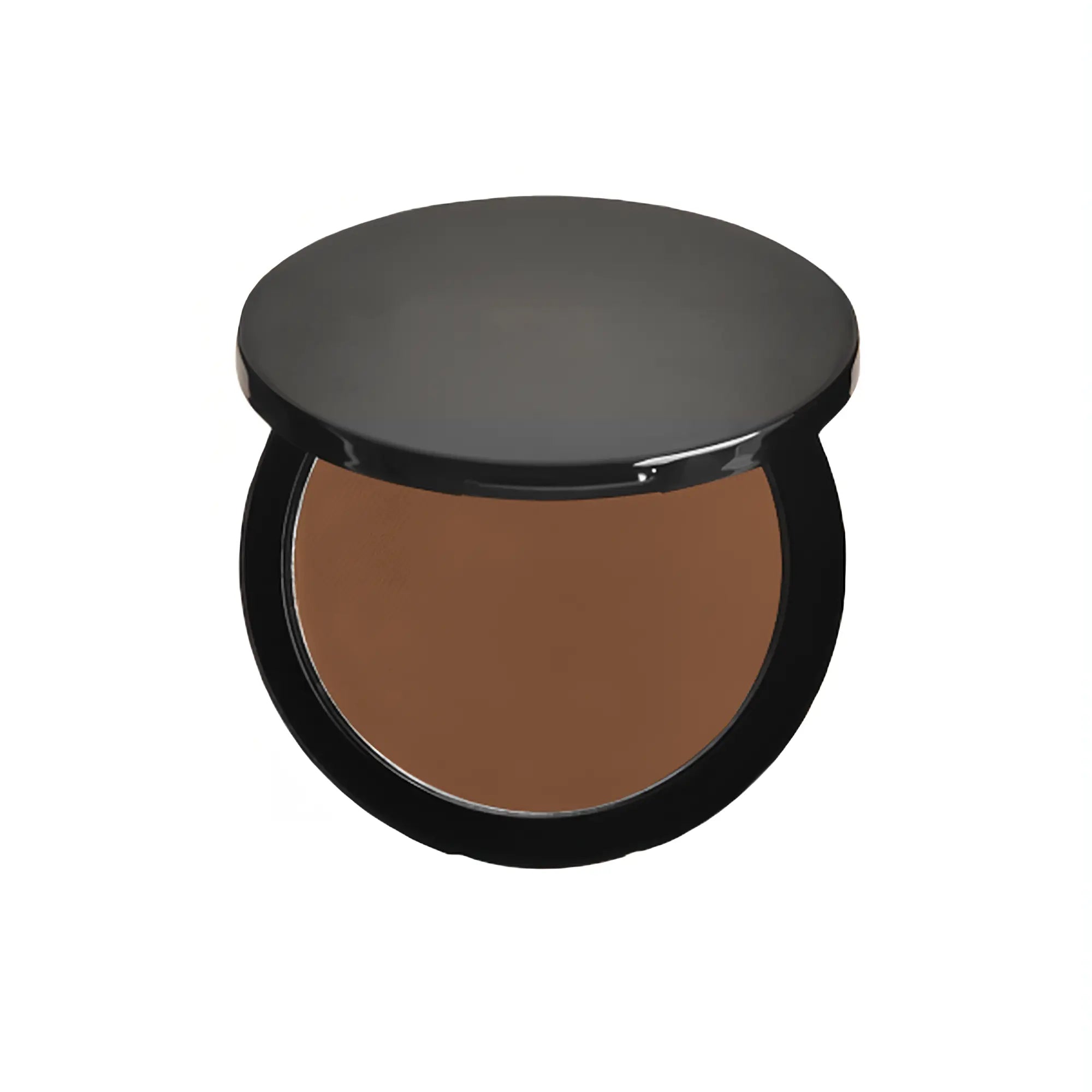 An open compact of mocha bronzer with a black case.