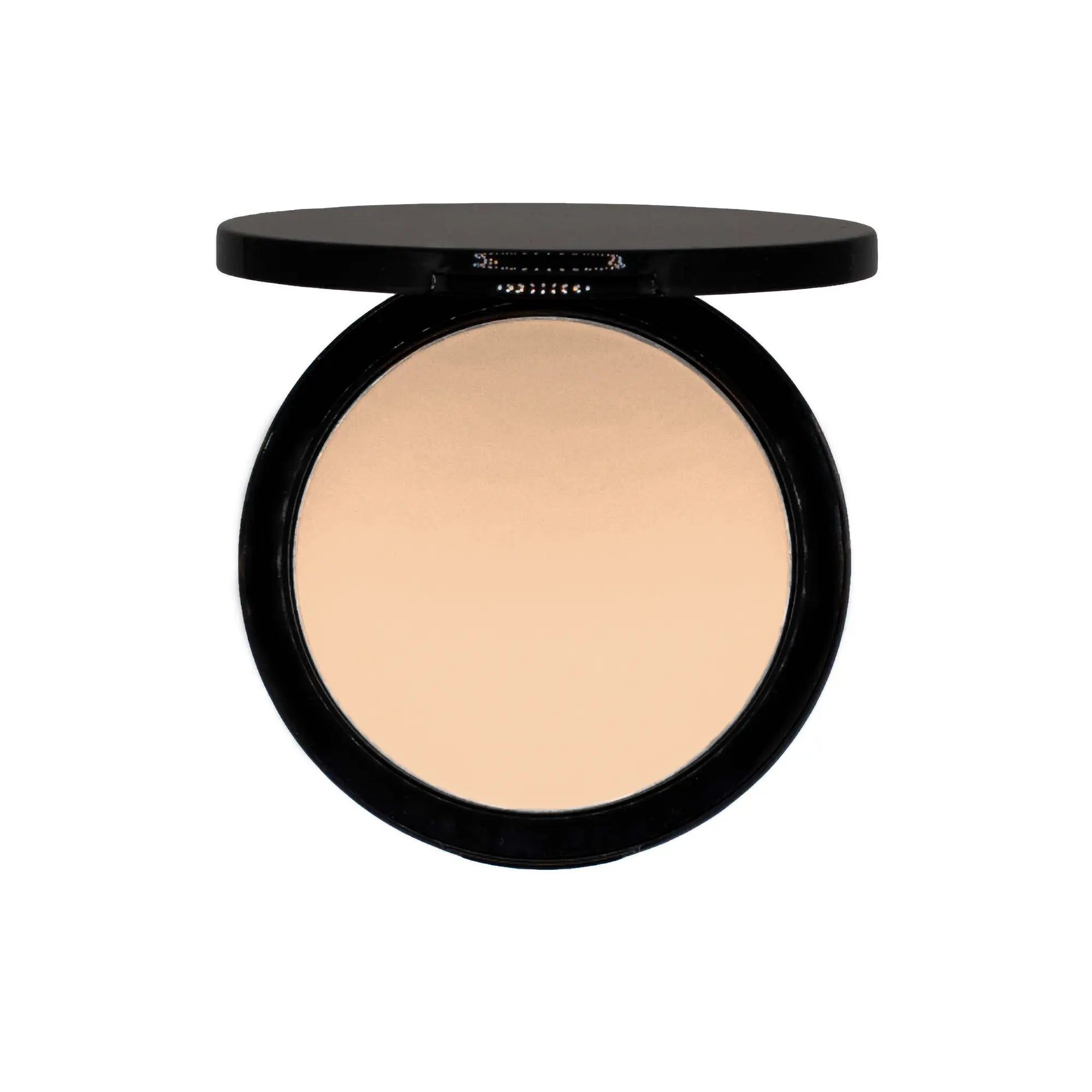 An open black compact reveals a circular pan of light beige powder foundation.