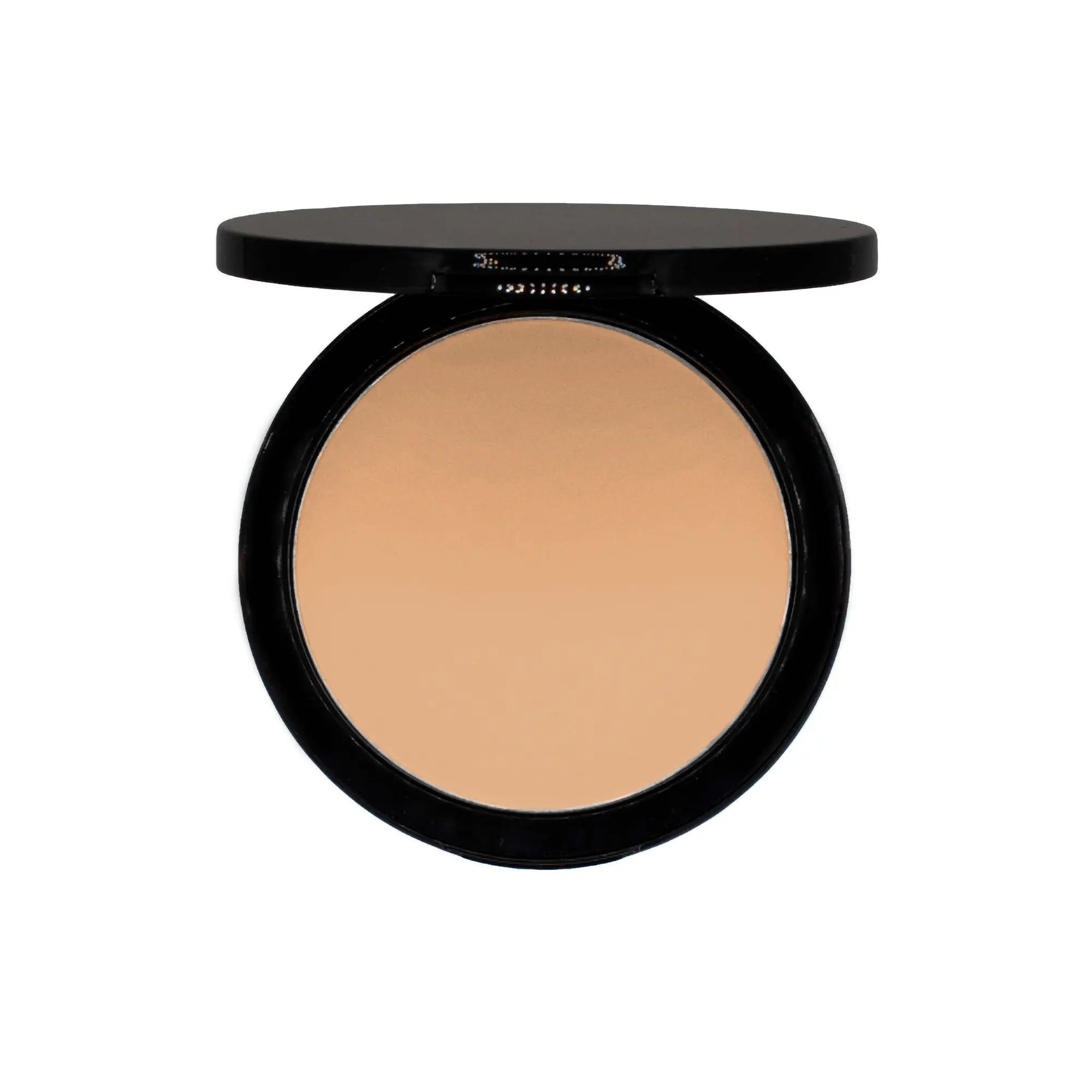 An open black compact with a round pan of light beige powder foundation.