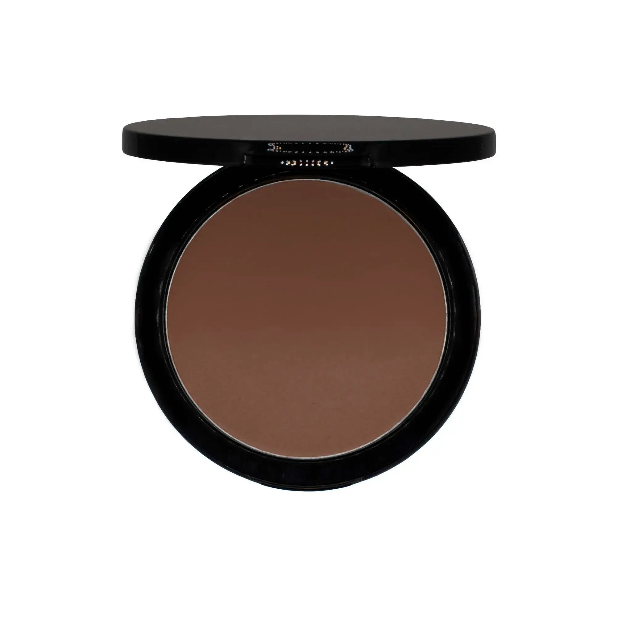 An open black compact reveals a round pan of Fig-colored powder foundation.