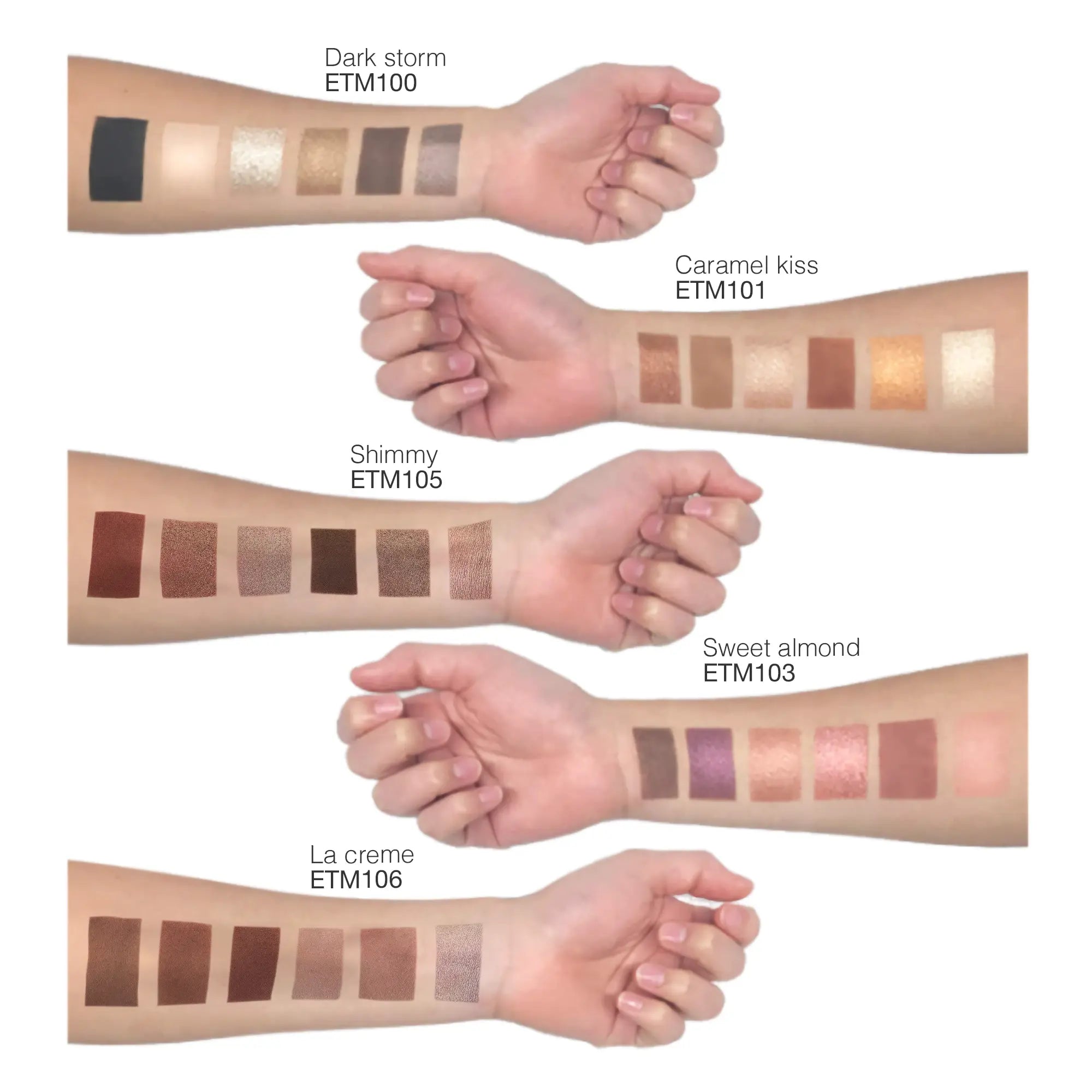 Six eyeshadow palettes are swatched on five different arms.