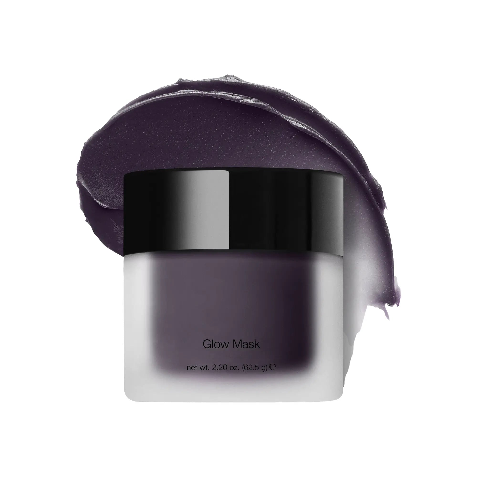 A jar of Glow Mask with a dark purple, textured smear behind it.