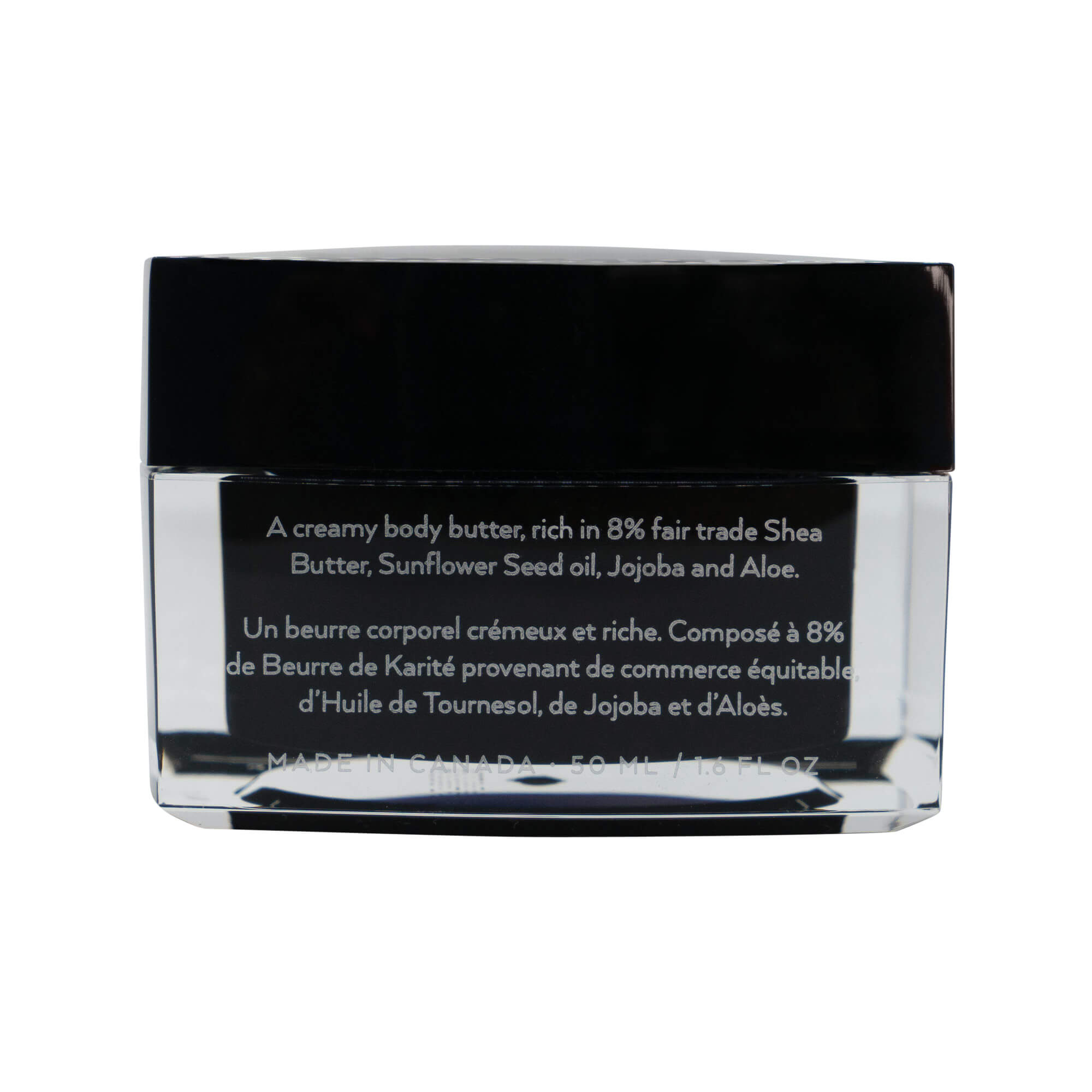 Black jar of shea body butter with white text on a clear label.
