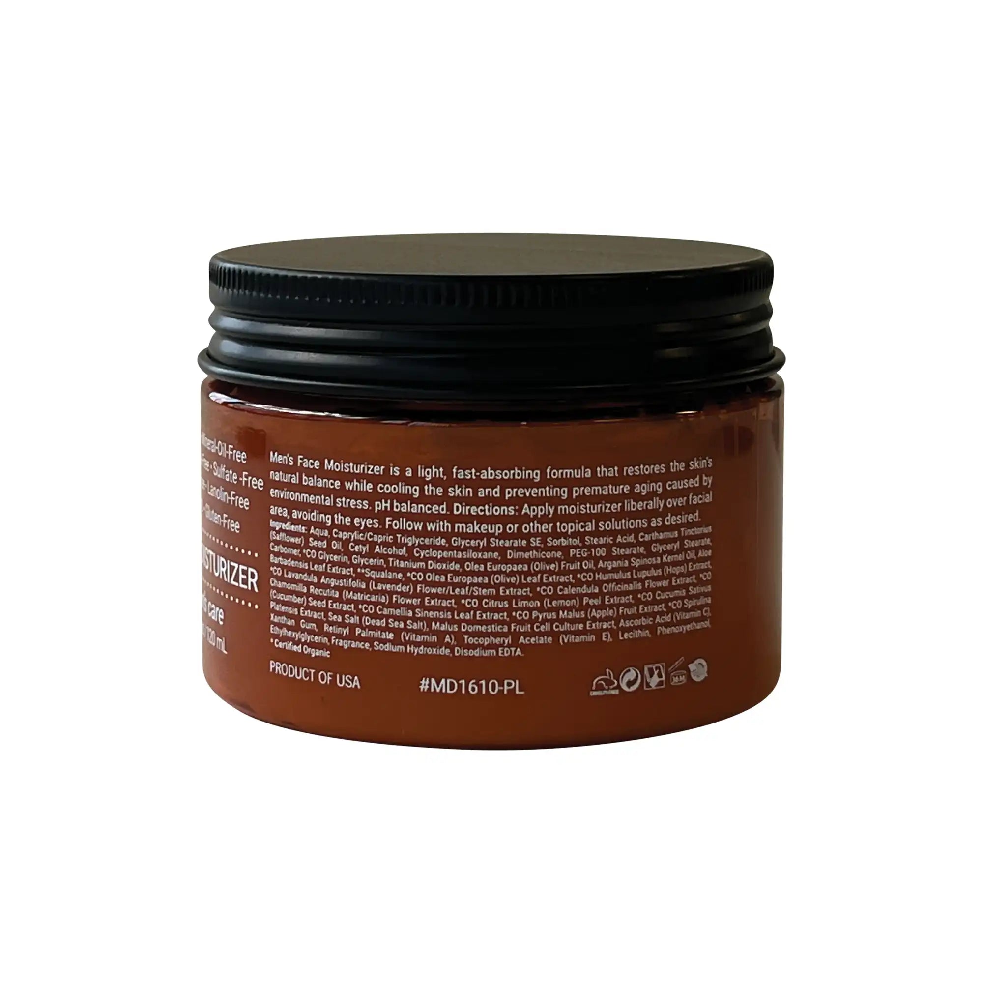 A brown jar of Men's Face Moisturizer with a black lid and white text.