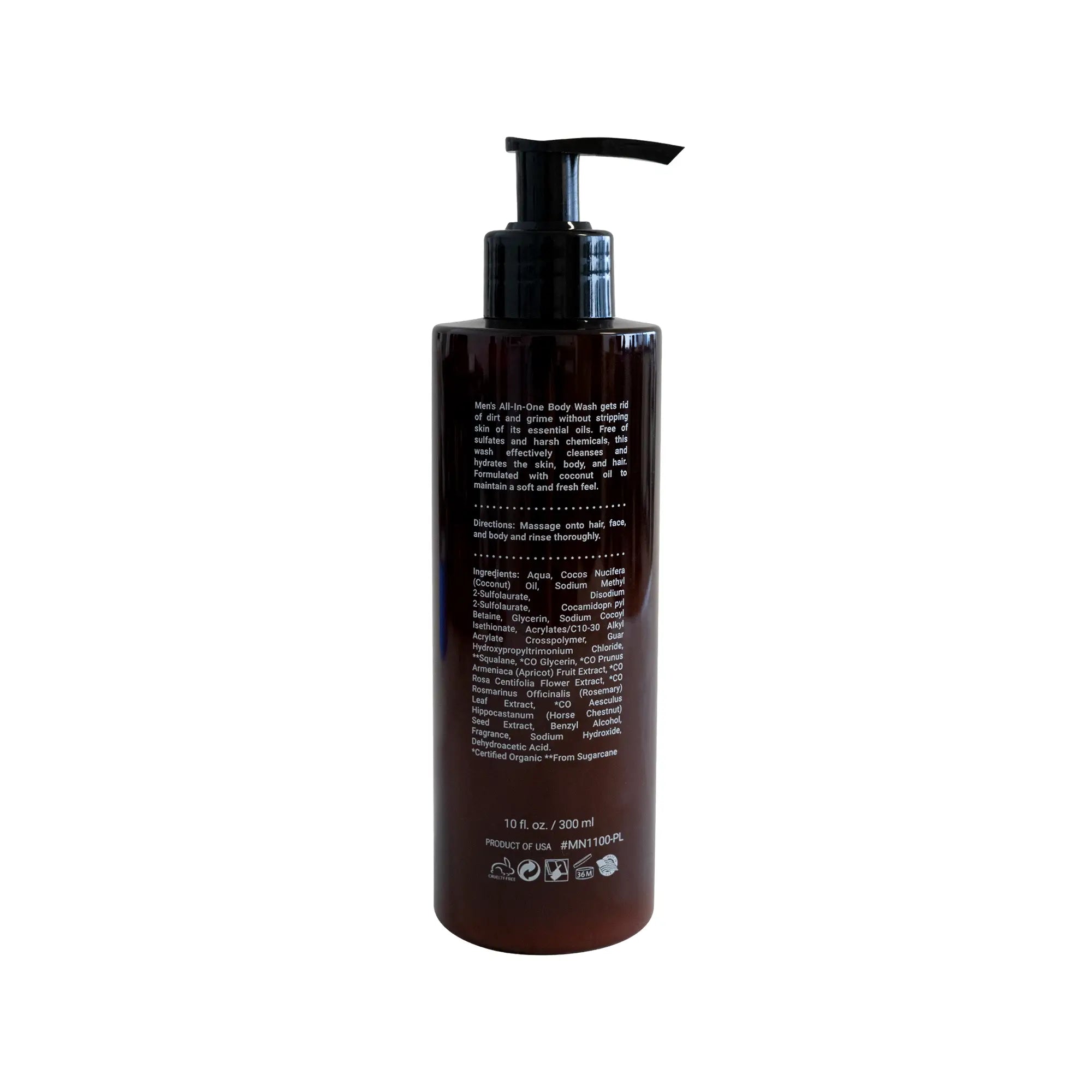 Brown pump bottle of all-in-one body wash with white text.