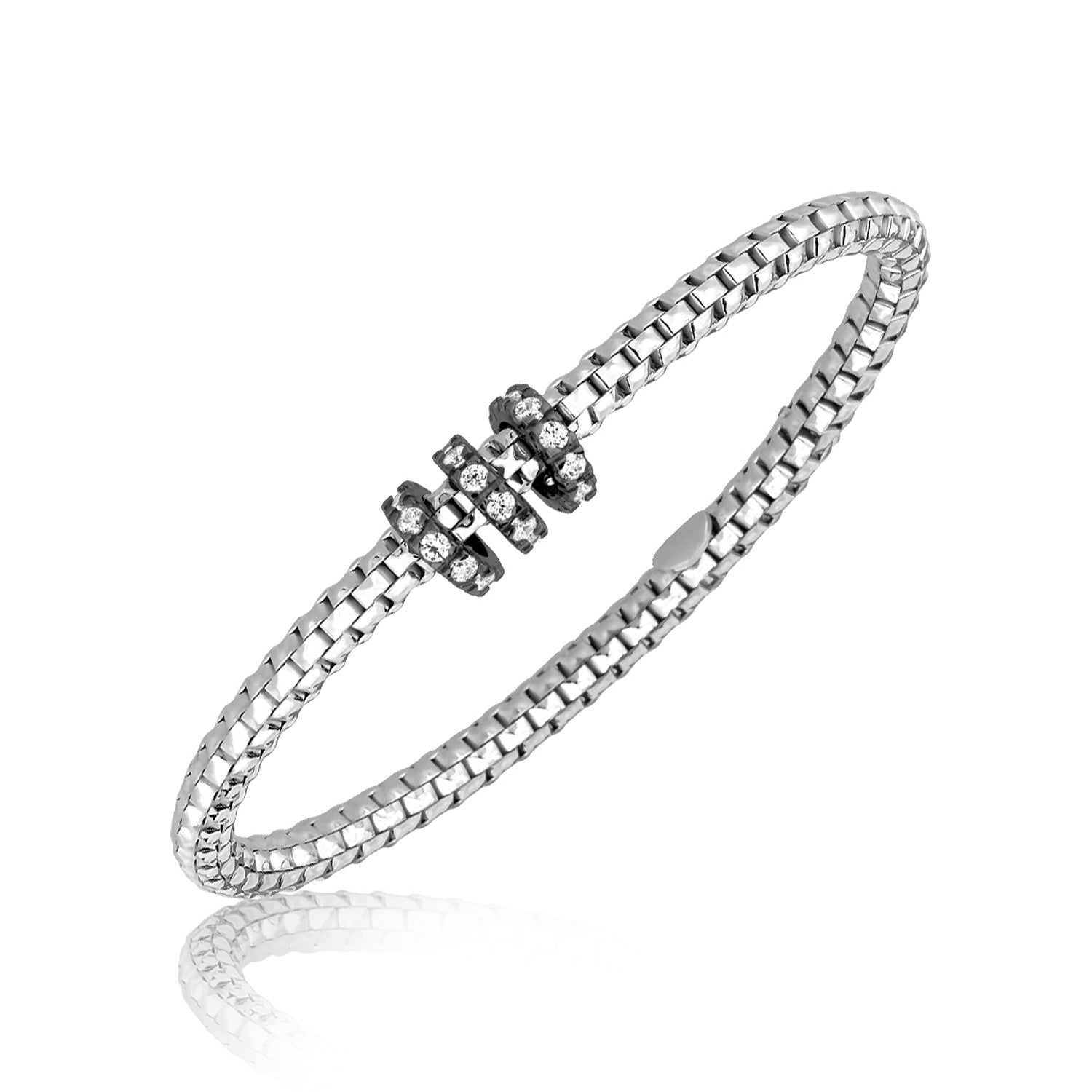 Sterling silver rhodium-plated mesh slim bangle with crystal-studded stations.