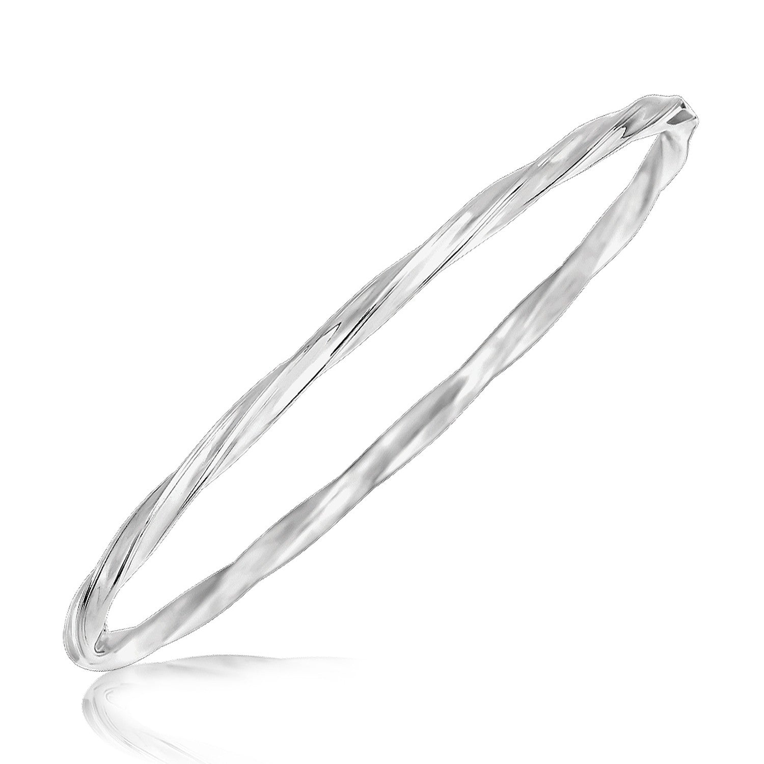Sterling silver rhodium plated twist motif bangle with a reflective surface.