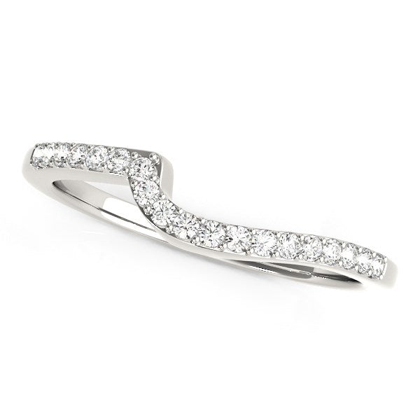 14k white gold curved wedding band with 18 round prong-set diamonds.