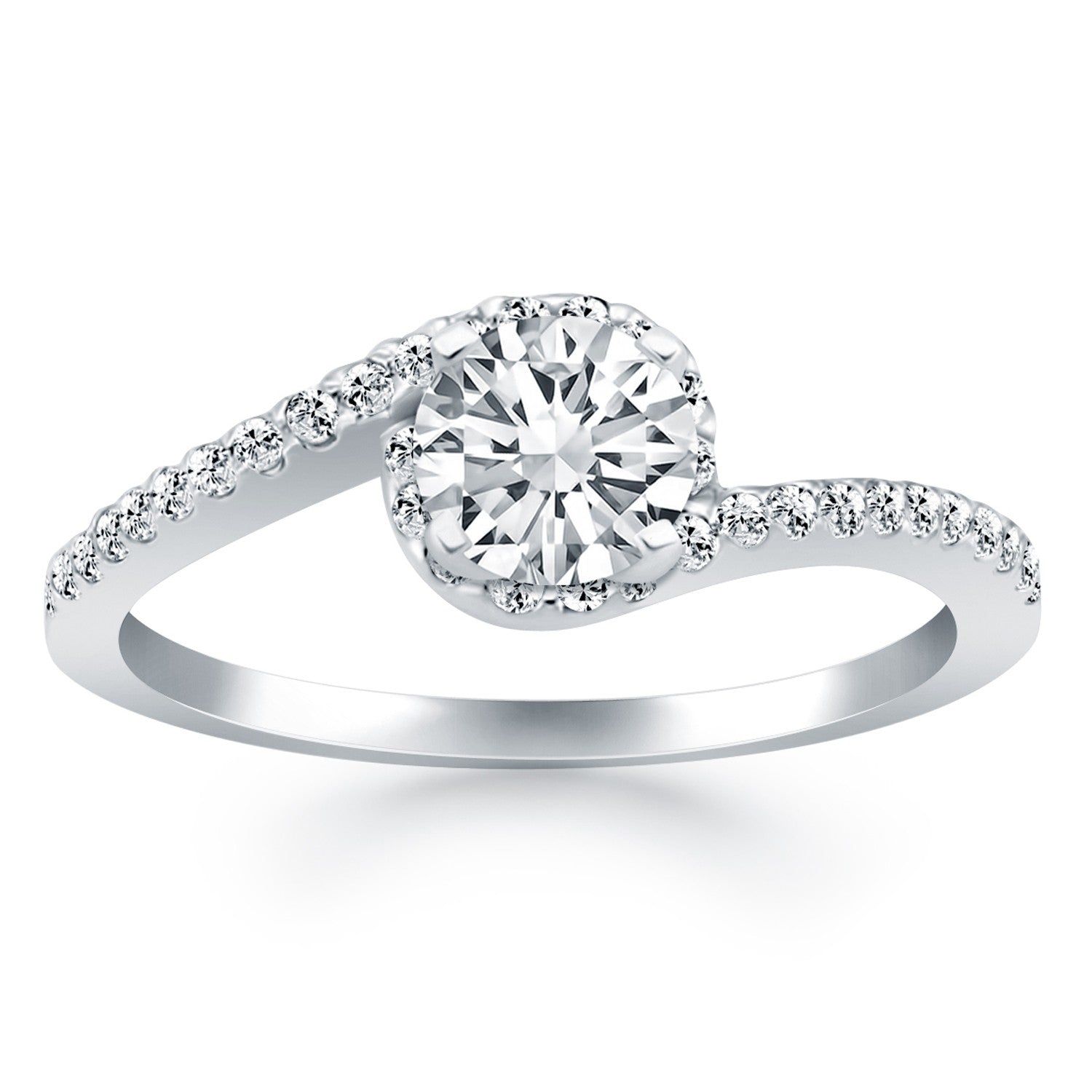 14k white gold bypass swirl diamond halo engagement ring with a round center stone.